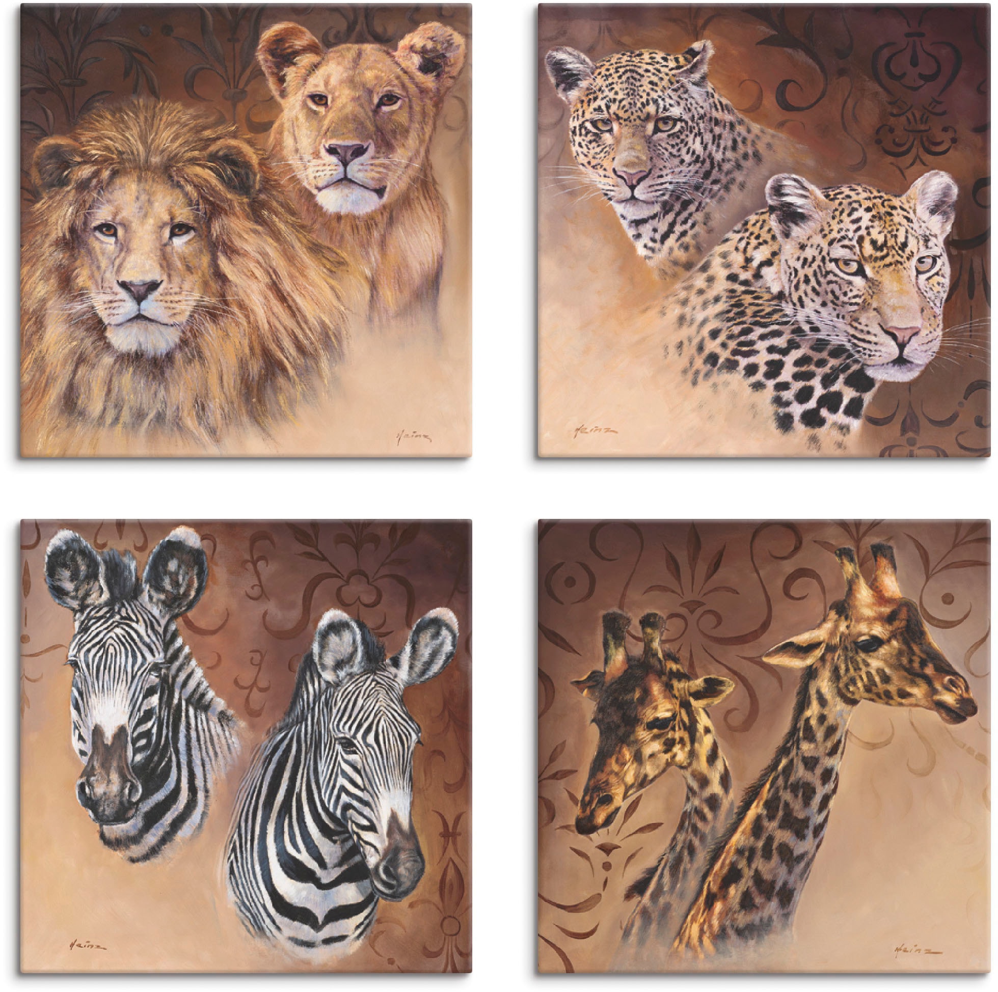 Image of Artland Leinwandbild "Löwen Leoparden Zebra Giraffen" Wildtiere 4 Stk. tlg. 4er Set, verschiedene Grössen