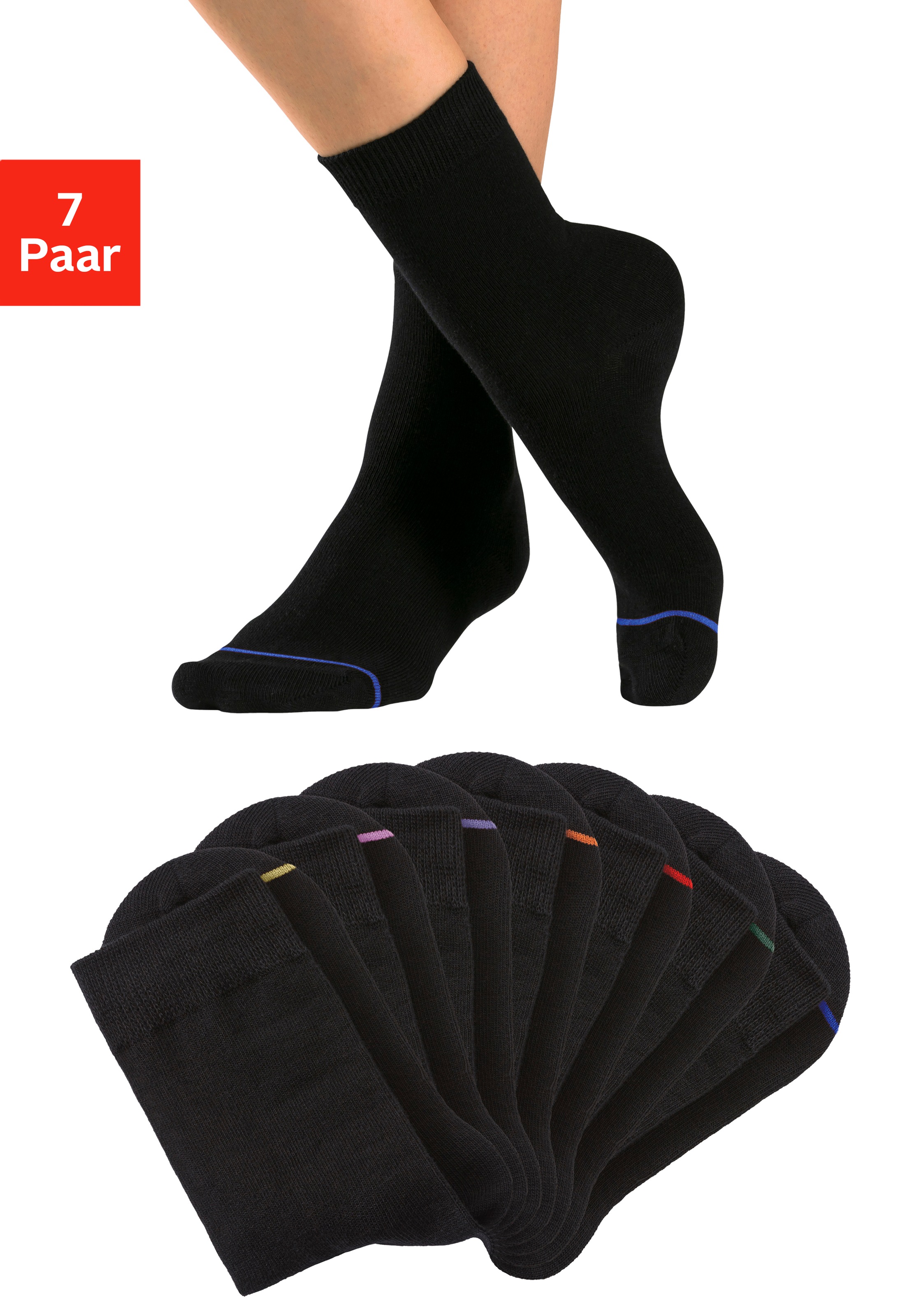 Image of H.I.S Basicsocken "Damen Herren Klassische Socken, Strümpfe" Packung, 7 Stk. tlg. mit eingestrickter farbiger Spitzennaht