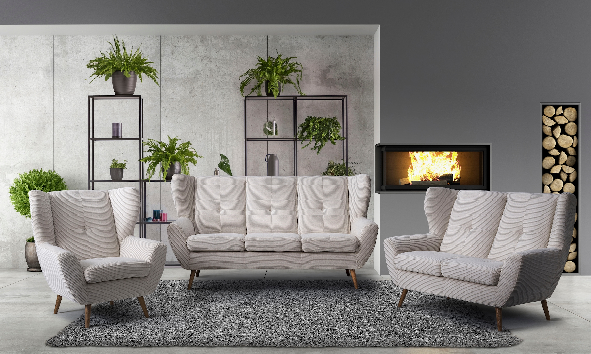exxpo - sofa fashion 3-Sitzer »ALVESTA, Loungesofa, Küchensofa, hoher Sitzkomfort, Ohrenbackensofa«, gemütliche Rückenlehne, mit Knopfheftung und hohen Holzfüssen, in Cord