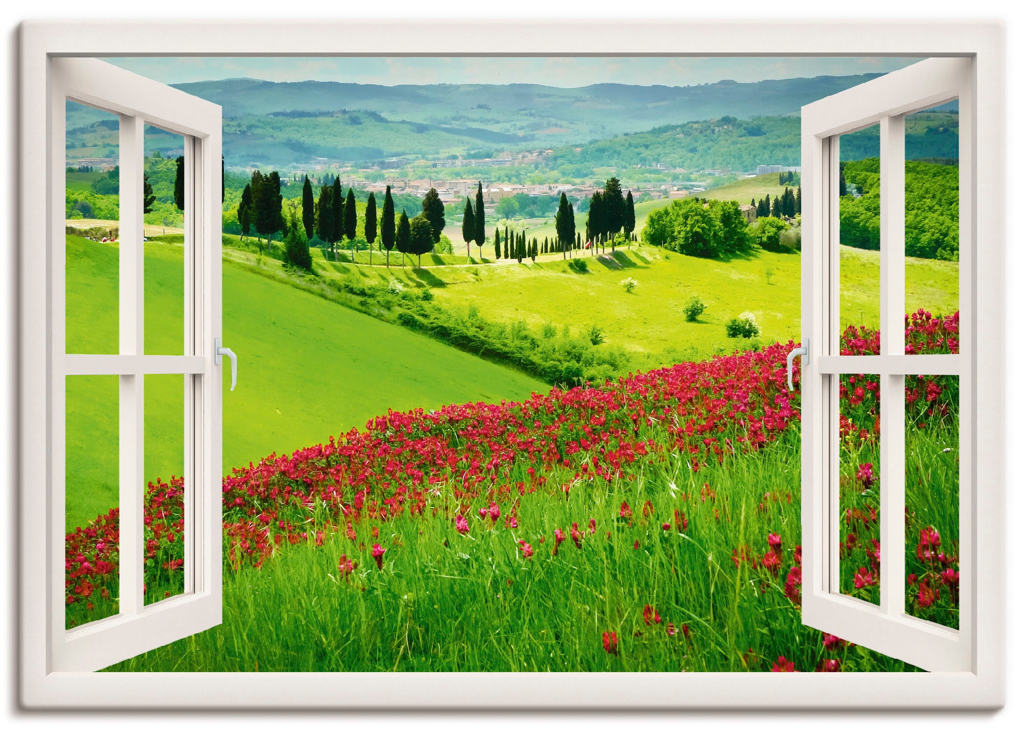 Image of Artland Wandbild »Fensterblick - Hügel und Zypressen«, Fensterblick, (1 St.), in vielen Grössen & Produktarten -Leinwandbild, Poster, Wandaufkleber / Wandtattoo auch für Badezimmer geeignet bei Ackermann Versand Schweiz