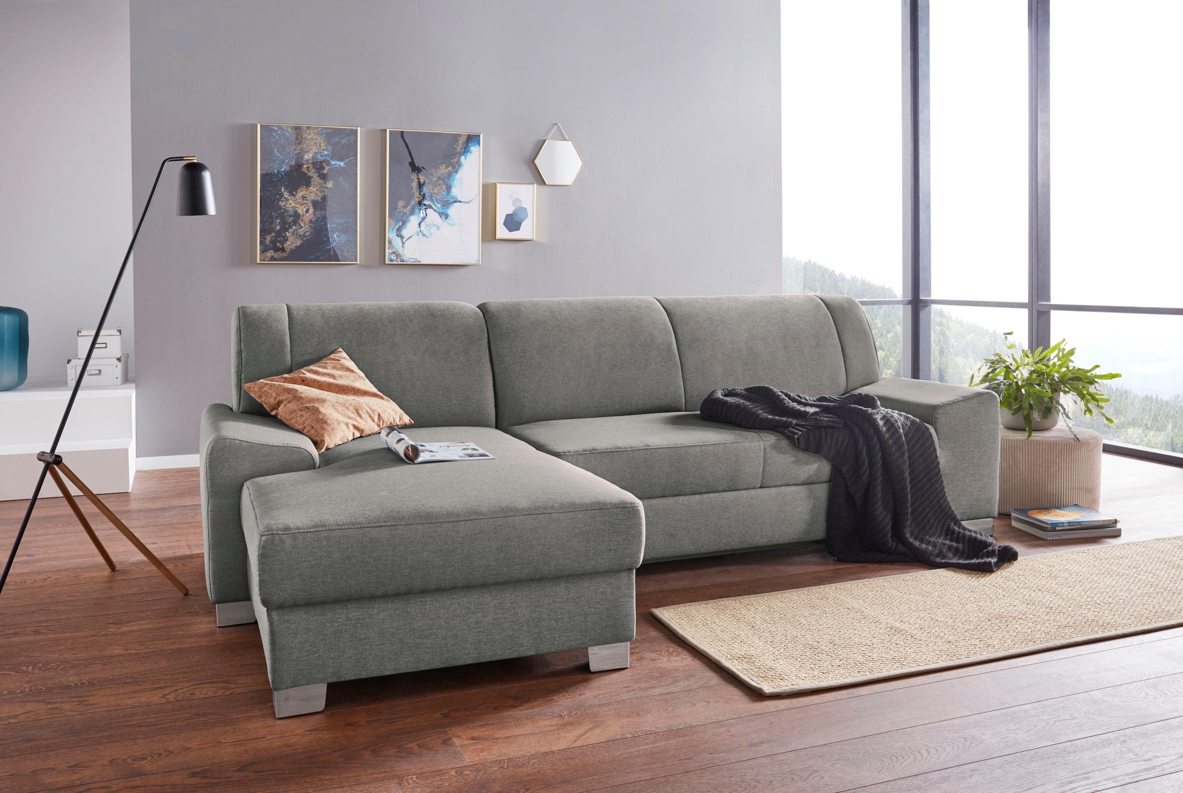 Image of DOMO collection Ecksofa "Anzio L-Form, whlw. Bettfunktion, Federkern, hochwertig, Breite 271 cm" Mit Bettfunktion, Recamiere links, Struktur fein, steel-grau