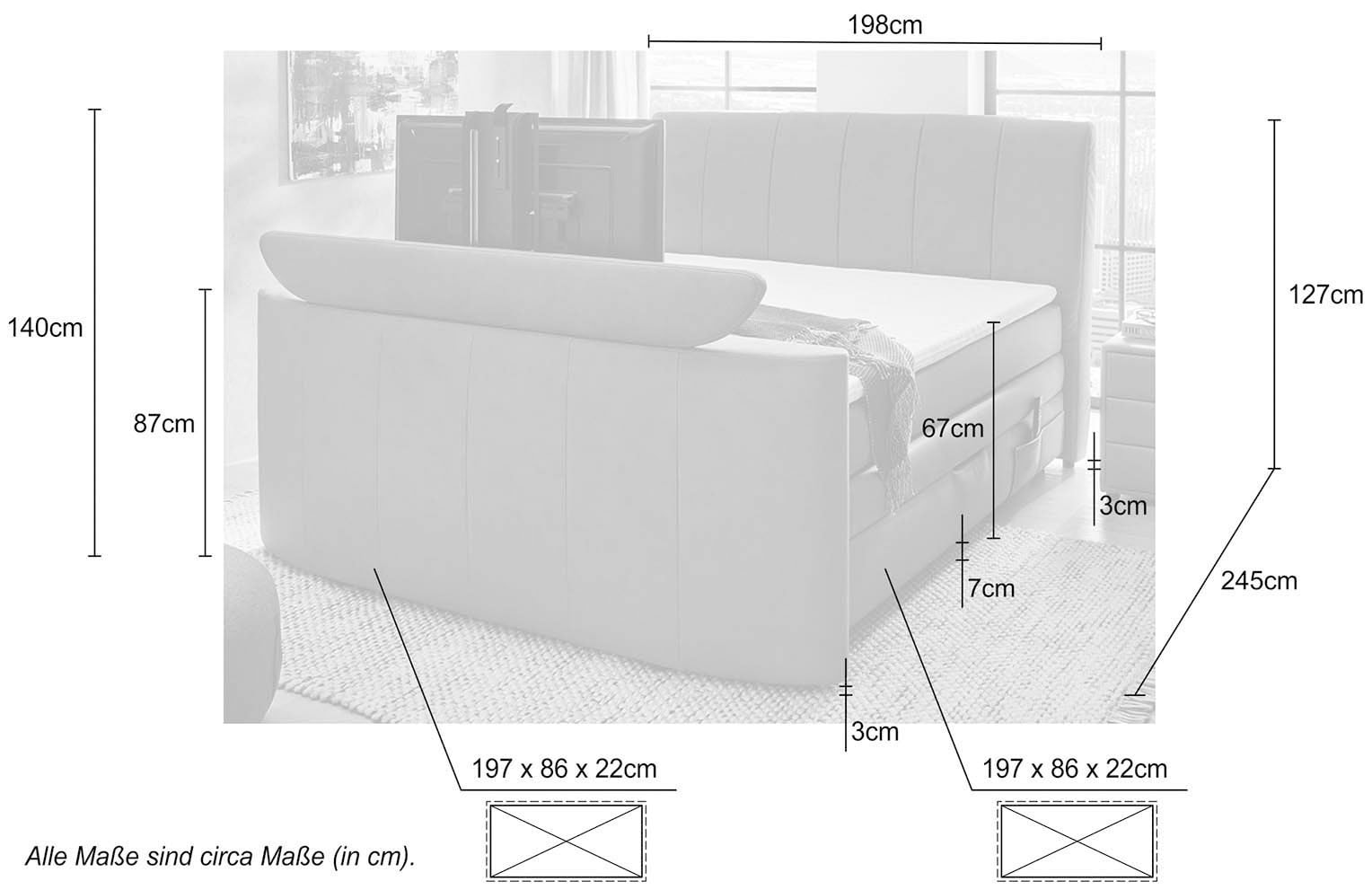 Jockenhöfer Gruppe Boxspringbett »Bel Air erhältlich in der Grösse 180x200cm« mit versenkbarem TV-Lift und Fernbedienung, Bettkasten/Stauraum