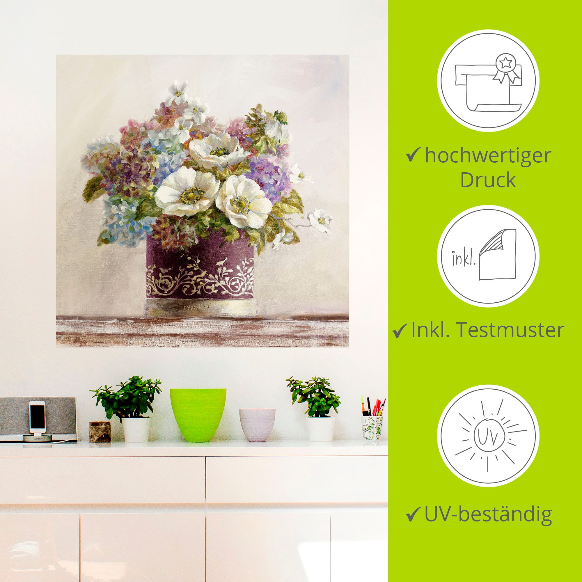 Artland Wandbild »Anemonen in Auberginer Hutschachtel«, Blumen, (1 St.), als Leinwandbild, Poster, Wandaufkleber in verschied. Grössen
