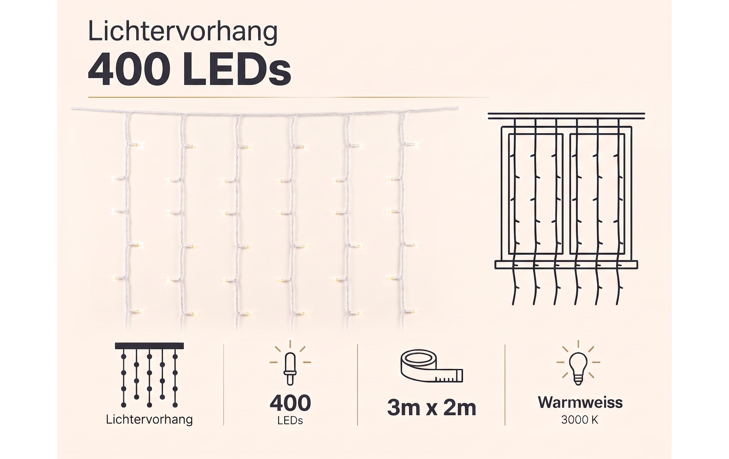 Cocon Lichterkette »Lichtervorhang, 400 LEDs Warmweiss, 3 m«