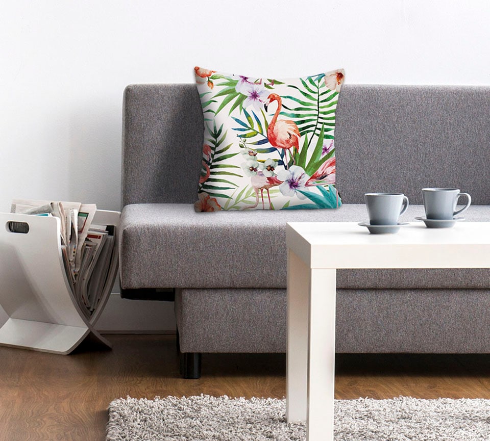 Image of queence Dekokissen "Lena" Kissenhülle,Blumen,Flamingos,Tropisch,Exotisch,Farbenfroh