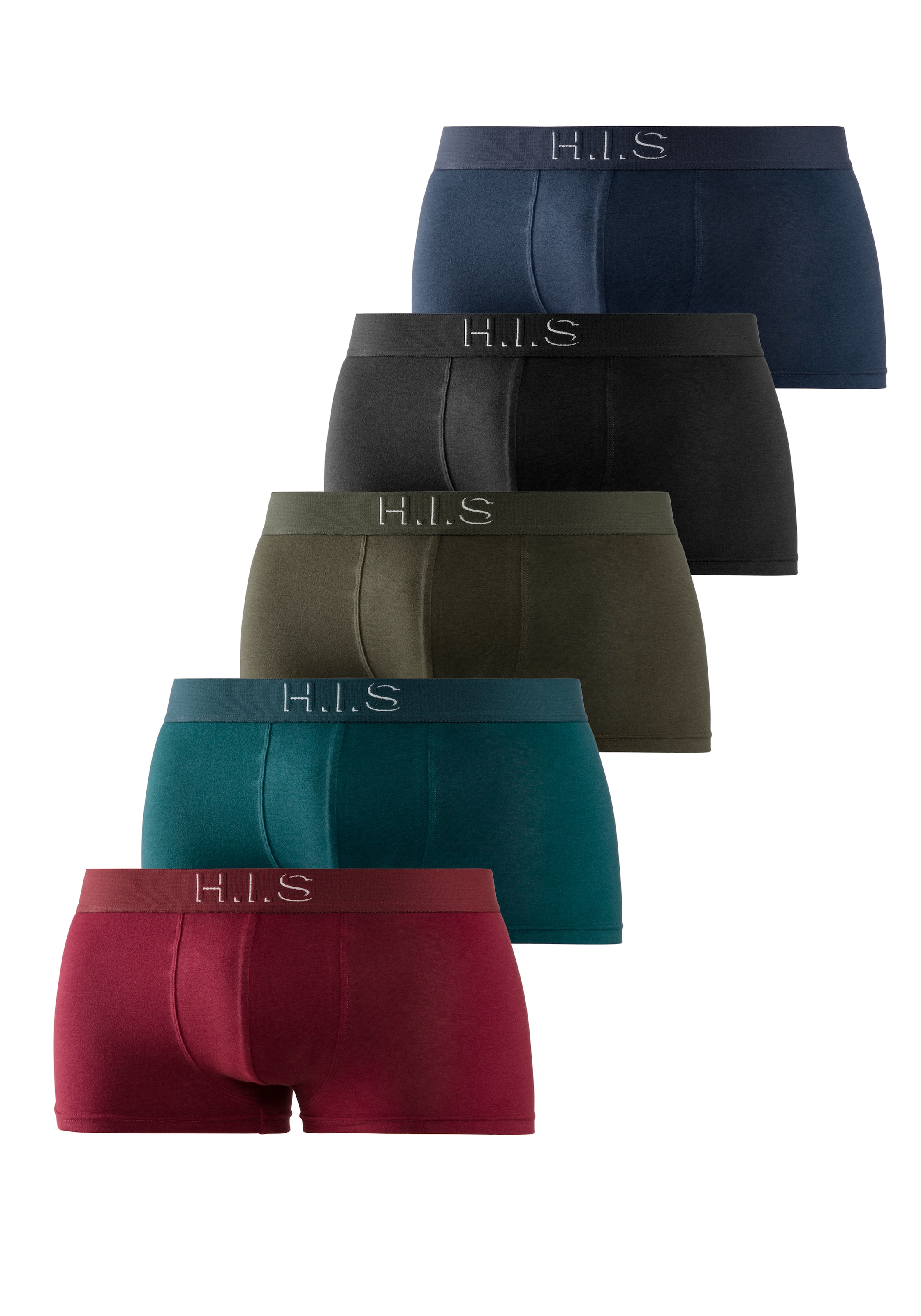 H.I.S Boxershorts, (Packung, 5 St.), in Hipster-Form am Webbund mit Logoschriftzug mit 3D Effekt