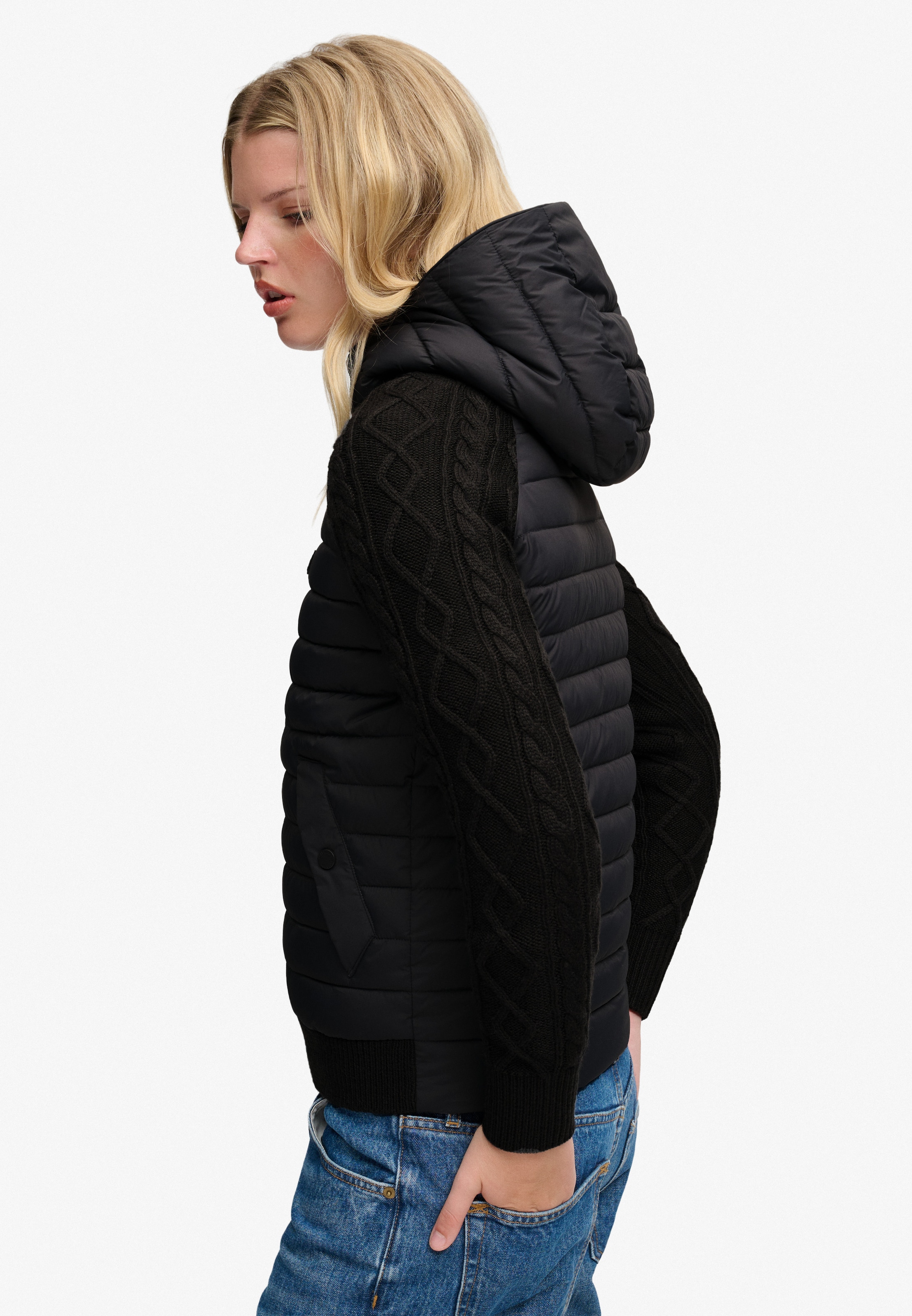 Superdry Hybridjacke »HOODED CABLE KNIT HYBRID« Kunstfaser, slim fit