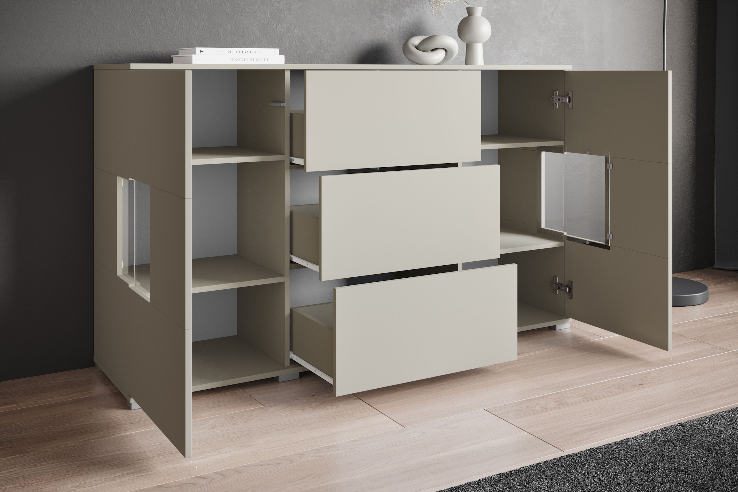GOODproduct Sideboard »Kenia« 1 Stk. tlg. Sideboard mit 3 Schubladen, 6 Fächern, Glastüren, Breite 150 cm