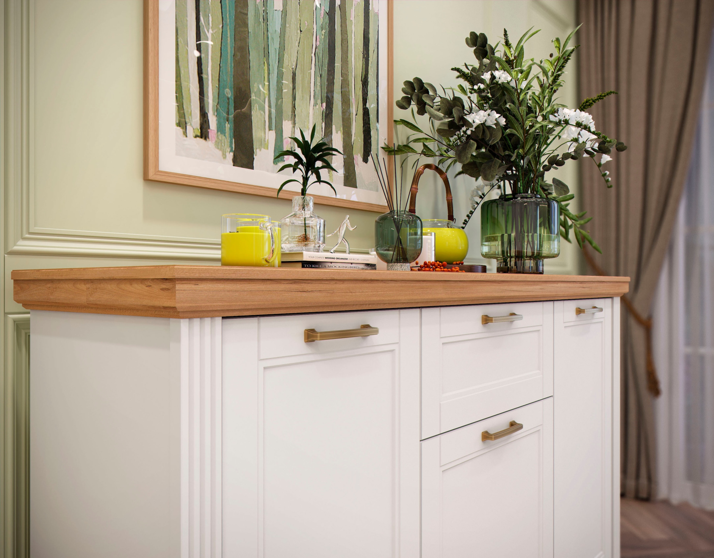 GOODproduct Commode combinée »Tara, im klassischen Landhausstil, FSC-zertifiziert, in 2 Grössen« Fonction Soft-Close, poignées métalliques dorées, décor intérieur imitation bois,  laqué avec un vernis UV à base d'eau, résistant et anti-rayures