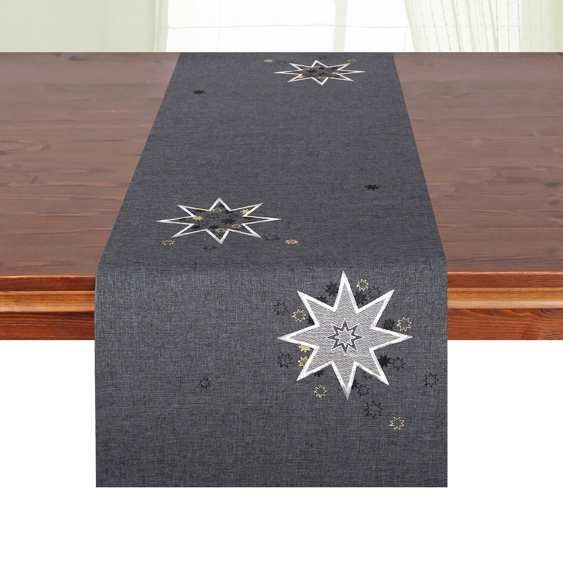 Image of Delindo Lifestyle Tischläufer "Weihnachtssterne" Glattes Gewebe, bestickt