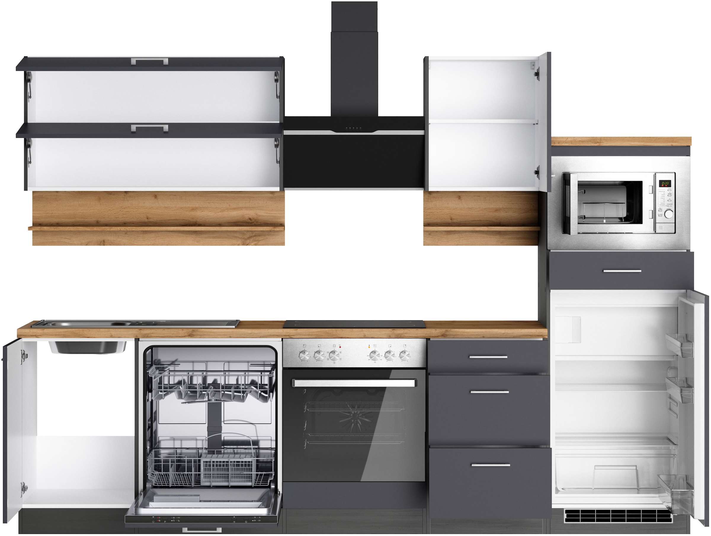 KOCHSTATION Kitchenette »KS-Milan« 280 cm de large, rails métalliques robustes, beaucoup d’espace de rangement