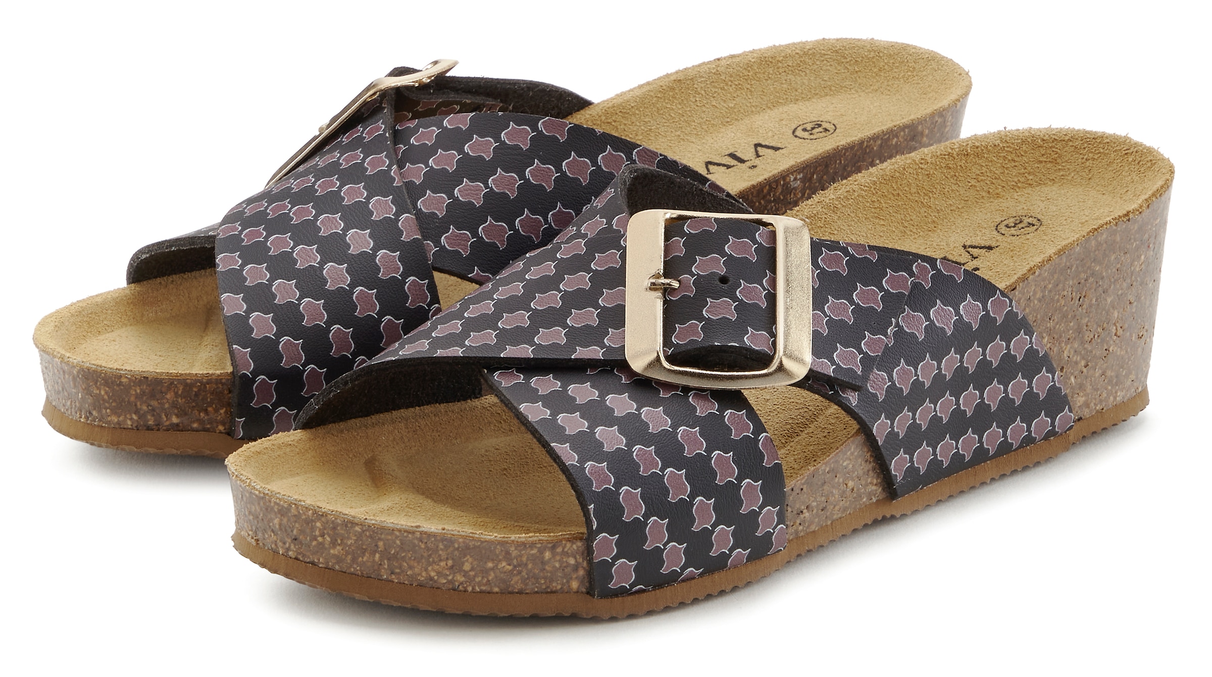 Image of Vivance Pantolette "Sandale, Mule, offener Schuh, Sommerschuh," mit Komfortkorkfussbett aus Leder, Keilabsatz und Print