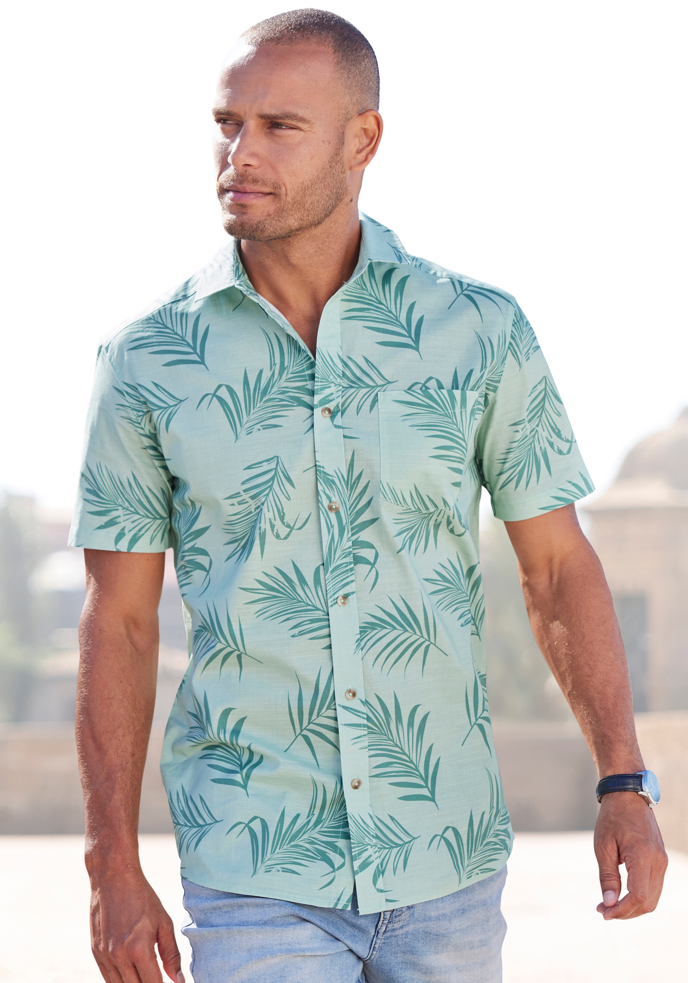 Image of John Devin Hawaiihemd ", sommerliches Kurzarmhemd mit grossem Palmen Druck" Kurzarm, Freizeithemd mit Palmenprint aus reiner Baumwolle