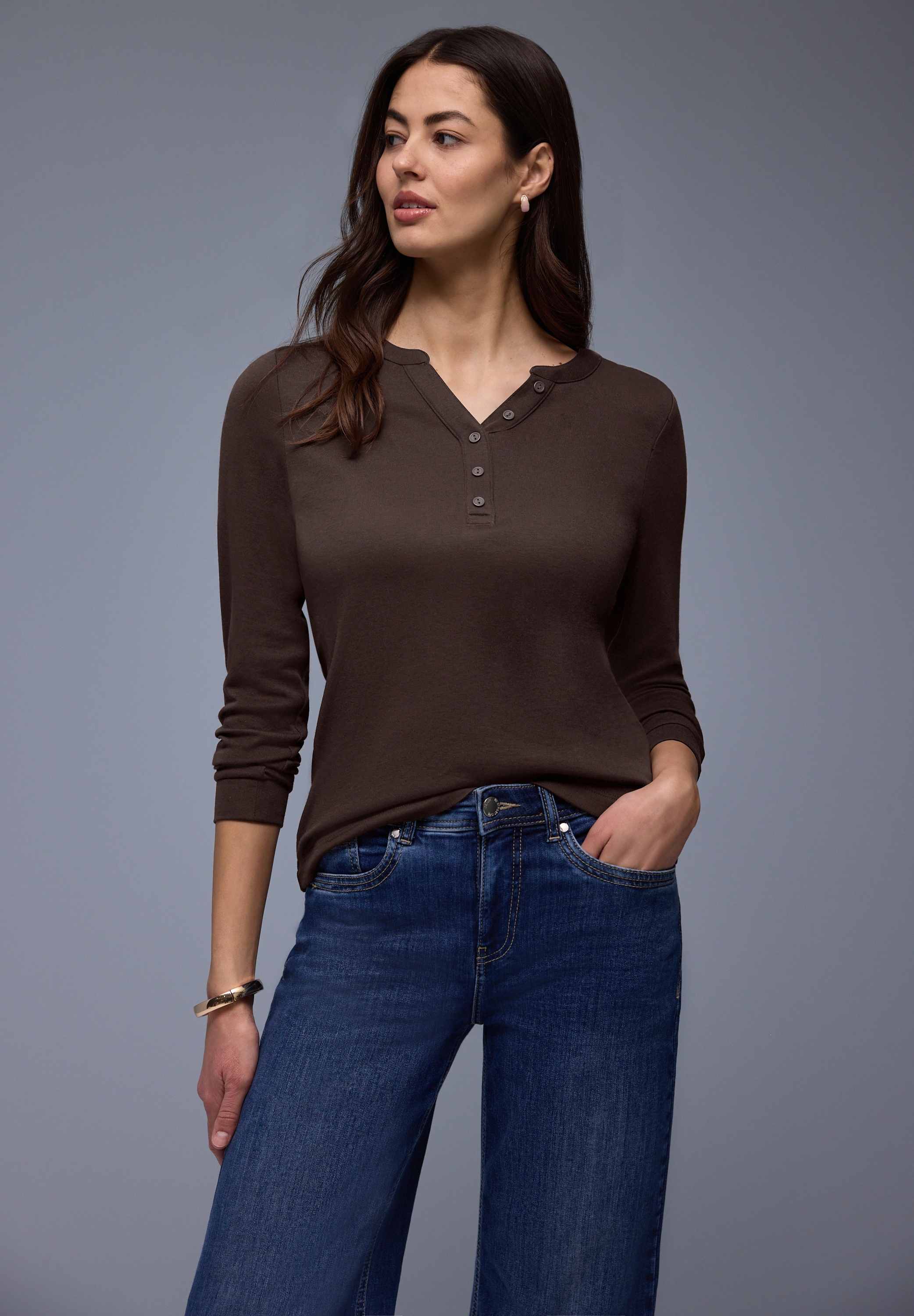 STREET ONE T-shirt à manches longues mit dekorativem Split Neck und Knopfleiste