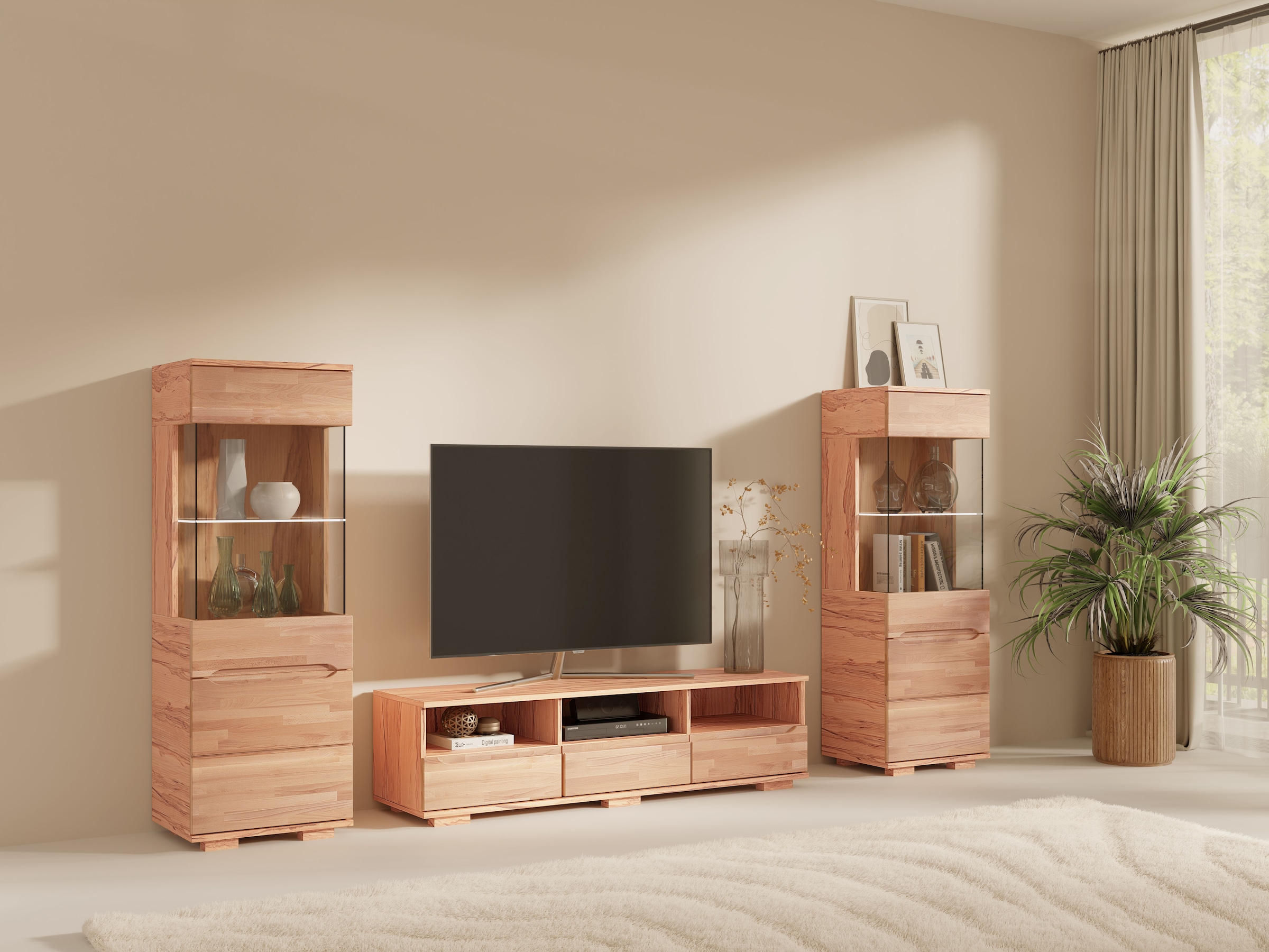 GOODproduct Vitrine »VETRO; massivholz fronten, Griffmulden, Wohnzimmer, Modern, Vitrine« B/T/H:50/40/144cm, Variable einlegeboden, Türanschlag L/R, 4Fächer