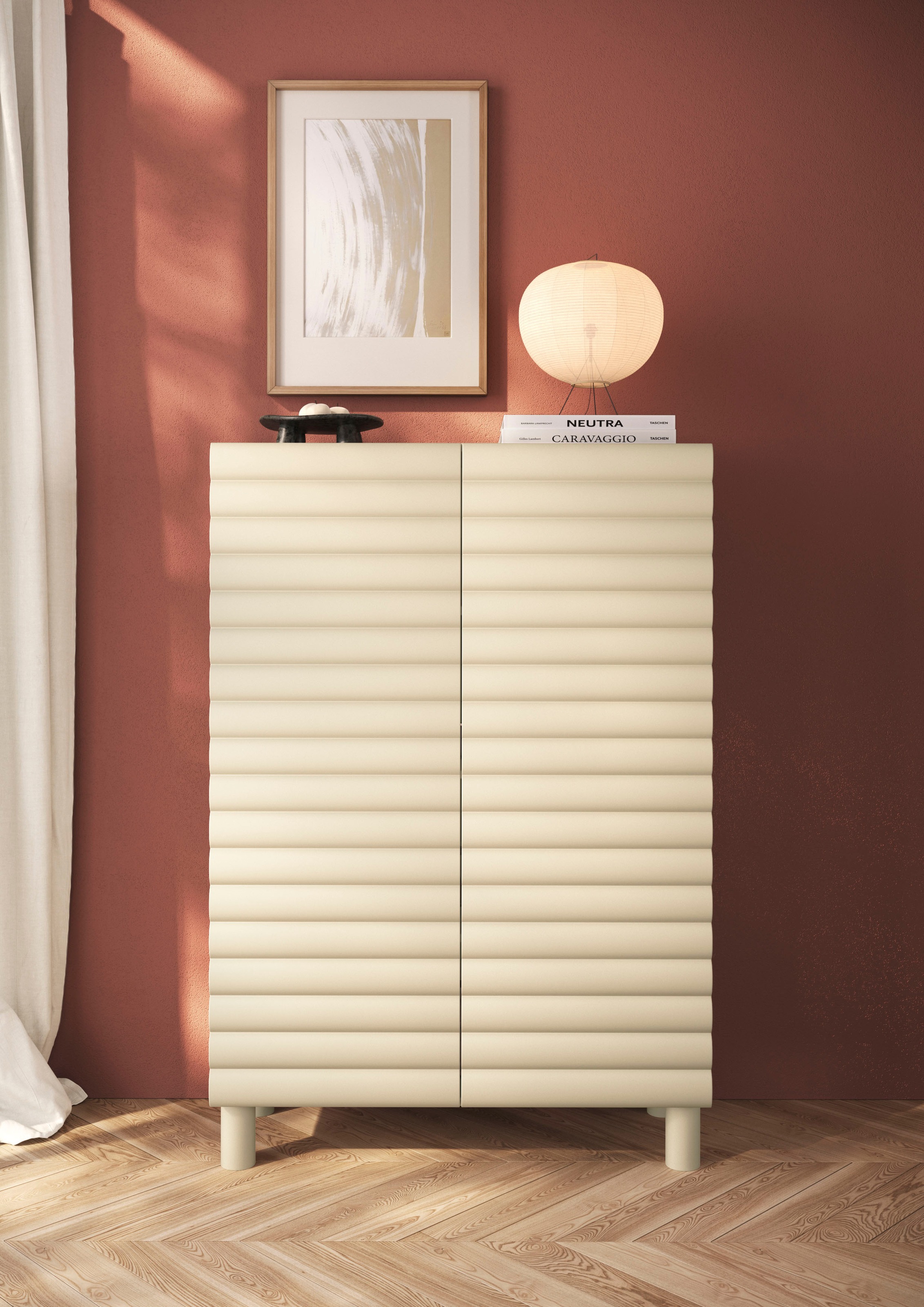 Image of GOODproduct Highboard "Adria, B/H 101/147 cm, 2 Türen, Hochkommode, Stauraumschrank" Korpus Talco Spatolato, MDF-Fronten in 3D-Design, viel Stauraum