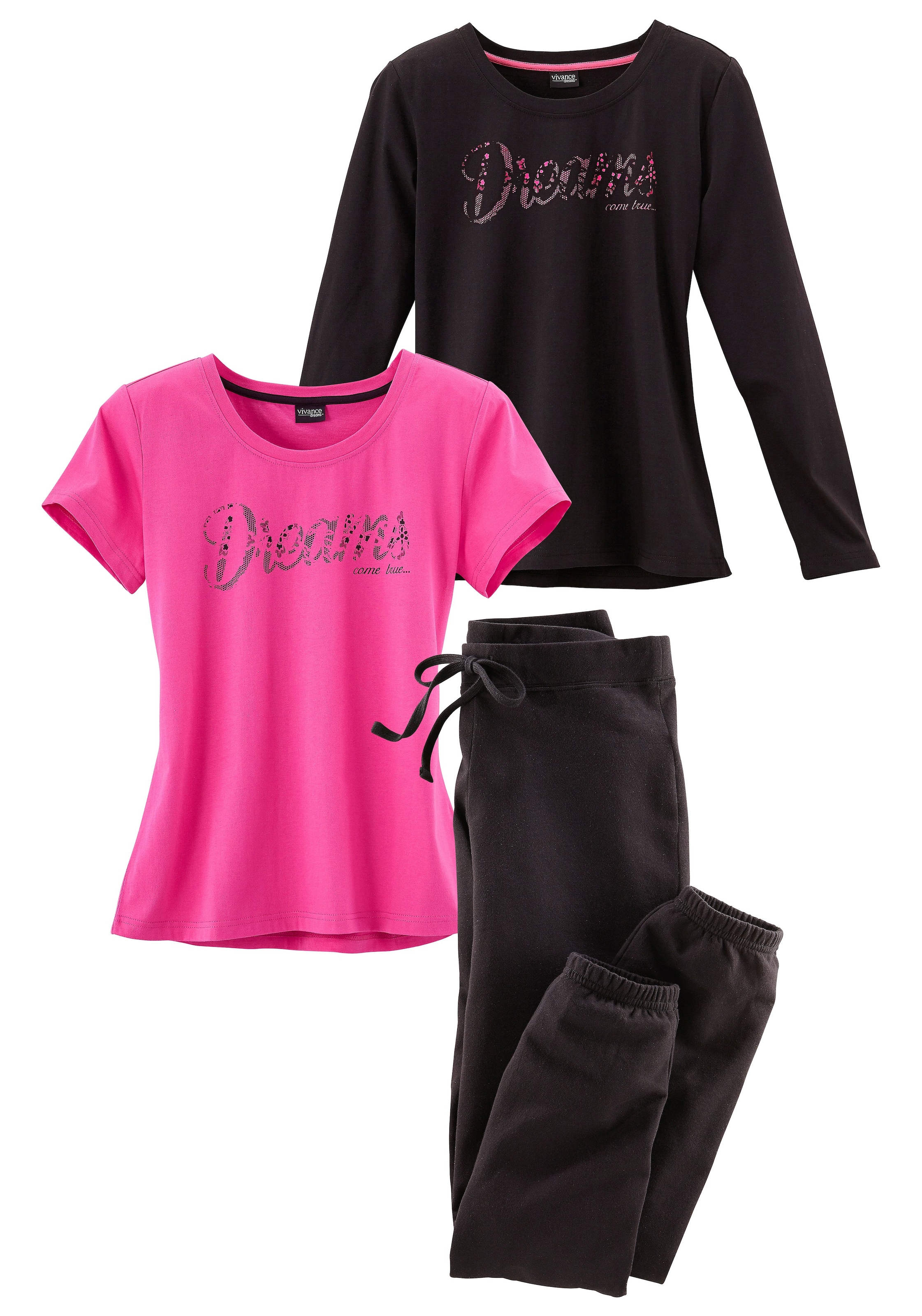 Vivance Dreams Pyjama, (Set, 3 tlg.), mit Frontschriftzug