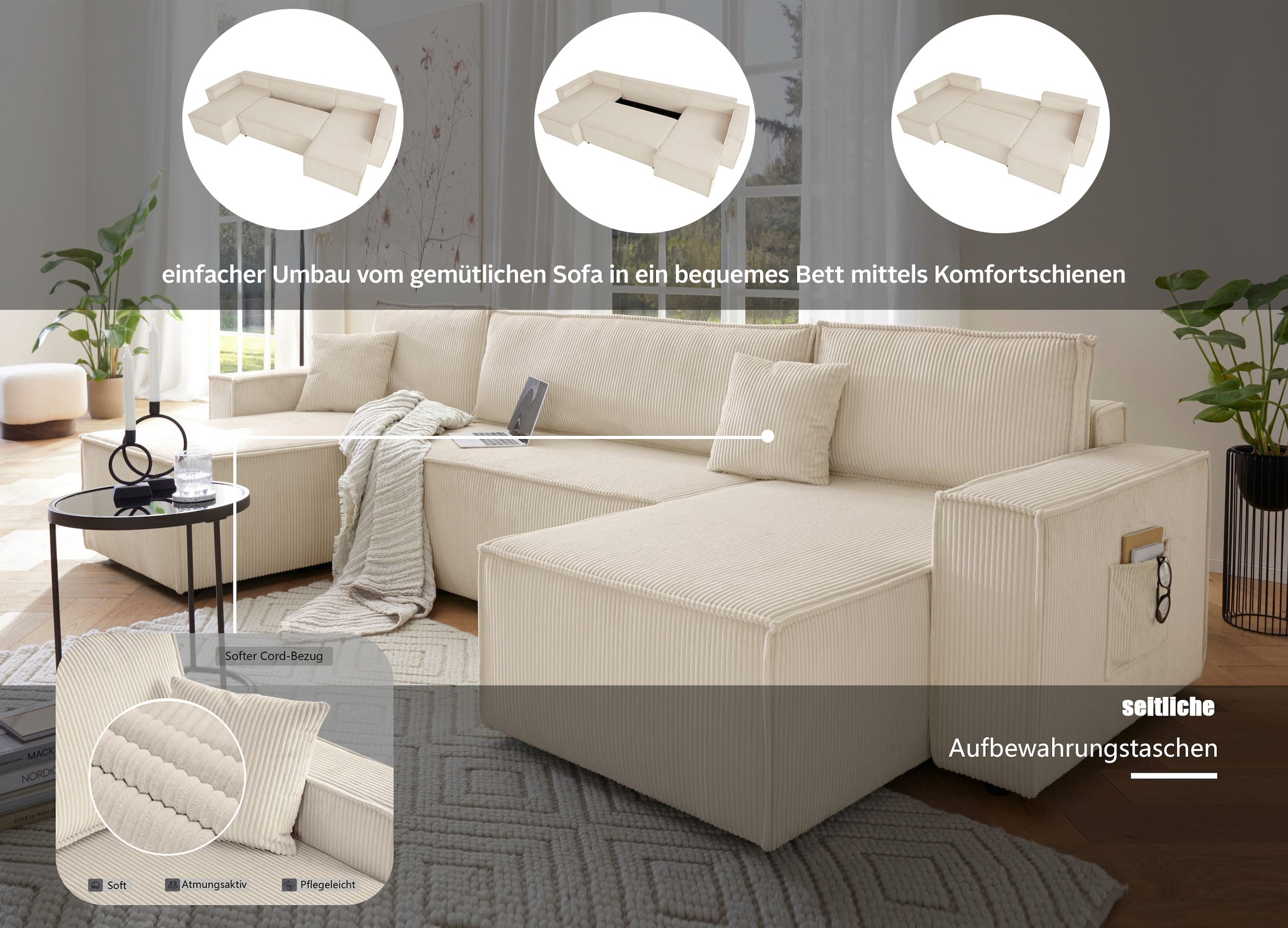 GOODproduct Wohnlandschaft »CASSI L-Form, 241cm - OTTO. Verlässliche Qualität.« Schlaffunktion (133/270cm), Bettkasten, Seitentaschen, Cord-Bezug