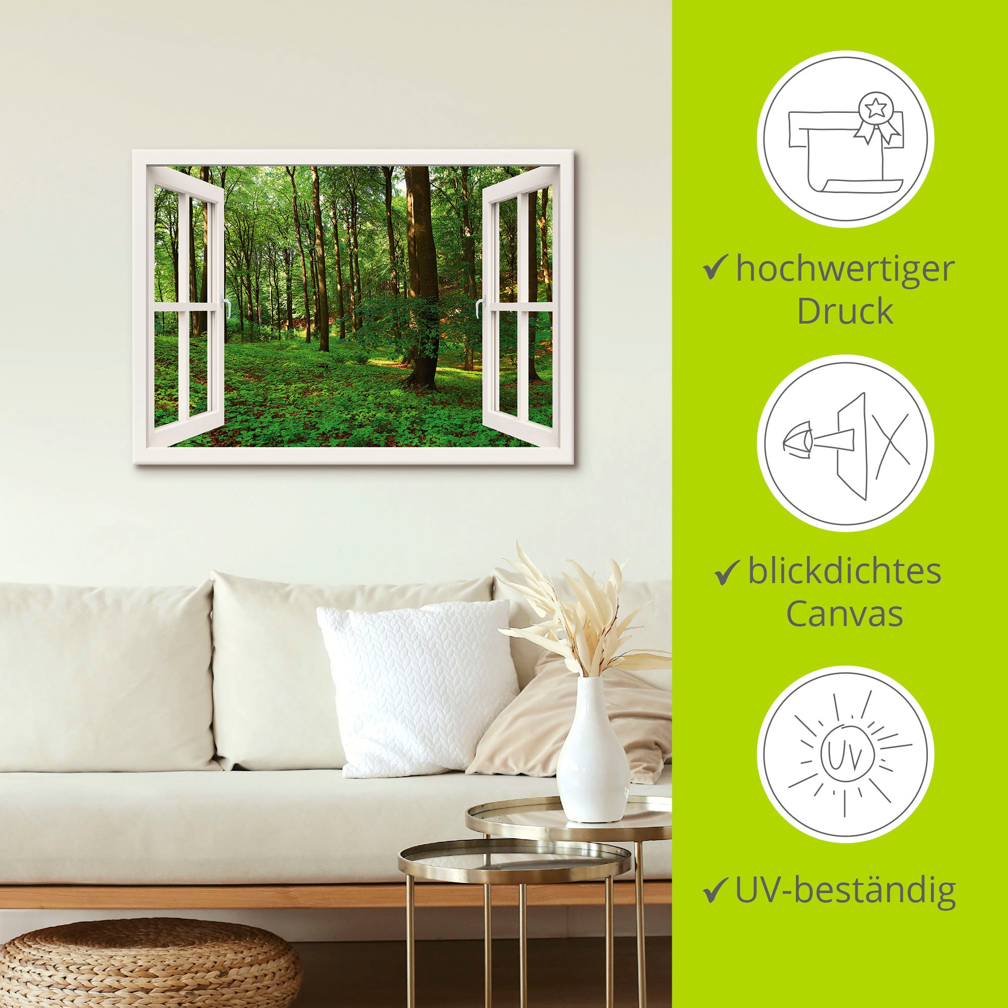 Artland Leinwandbild »Panorama Sommerwald, weiss«, Fensterblick, (1 St.), auf Keilrahmen gespannt