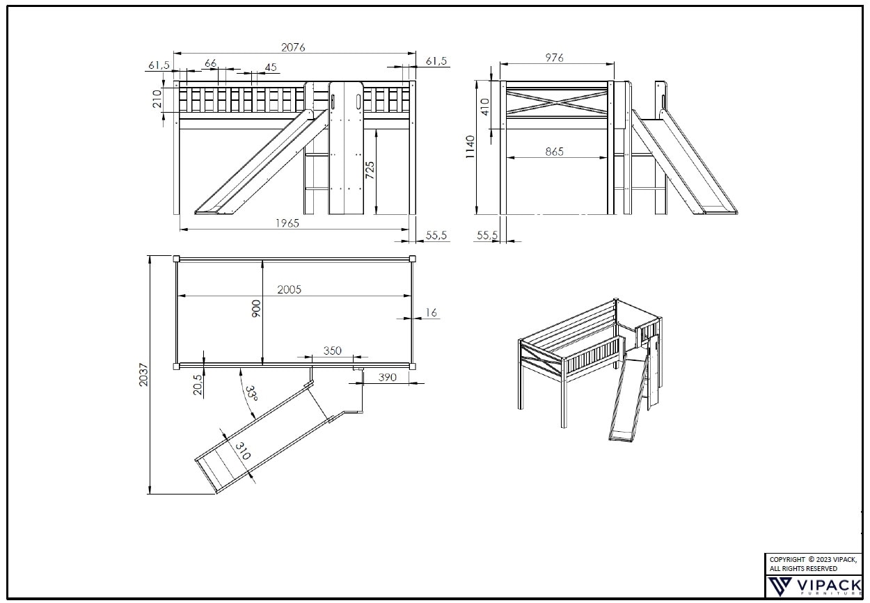 Vipack Hochbett »Scott« B/H/T ca. 207,6x114x203,7cm, Kopf-/Fussteil mit Fräsung, stabil gebaut,  mit Rutsch-/Leiterturm, LF 90x200 cm, inkl. Vorhang, 7 Designs