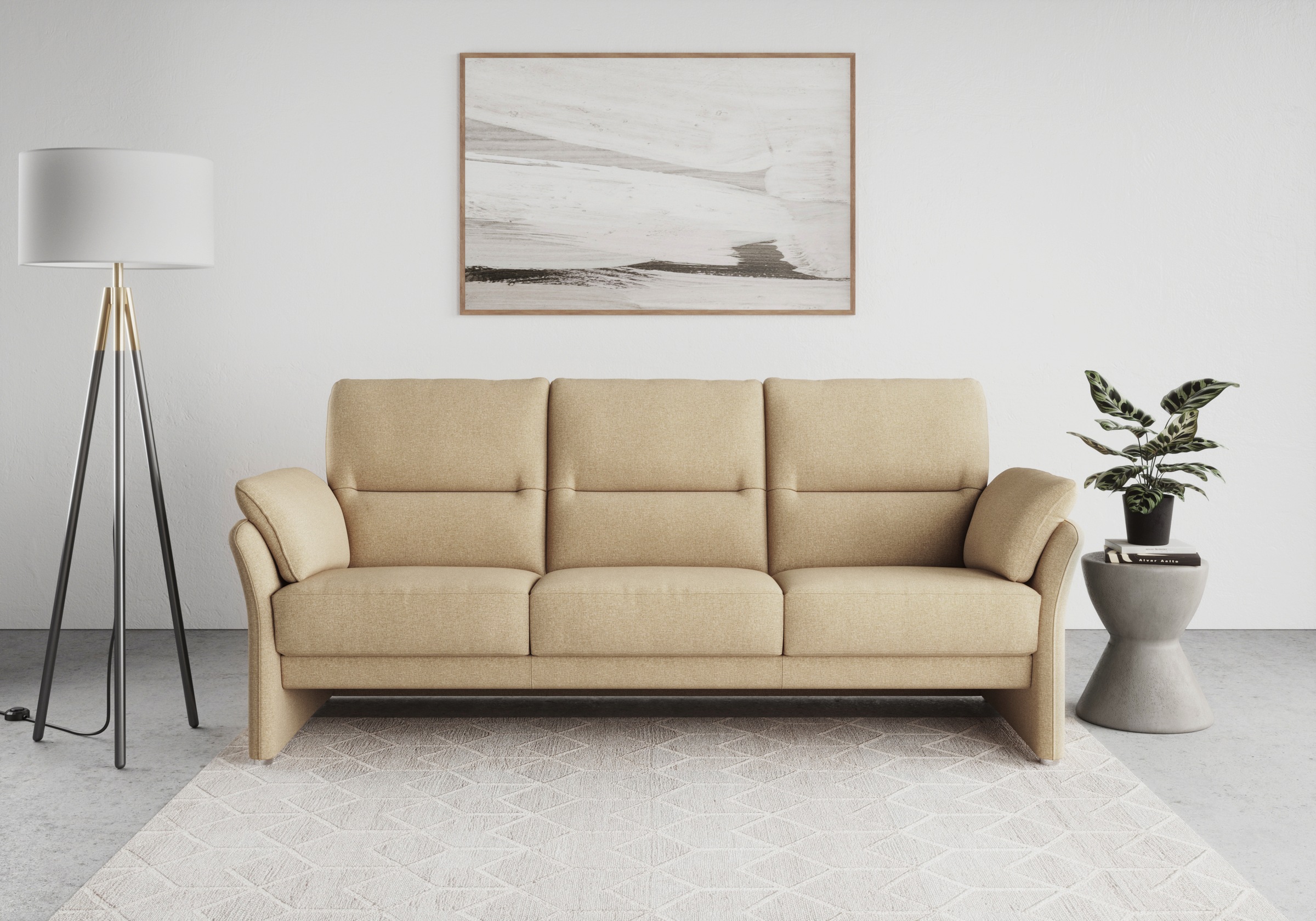Image of DOMO collection 3-Sitzer "Pina, schmale Armlehnen, mit Federkern, kompakt & elegant" Hoher Sitzkomfort, Feinstruktur, beige, Breite 219 cm