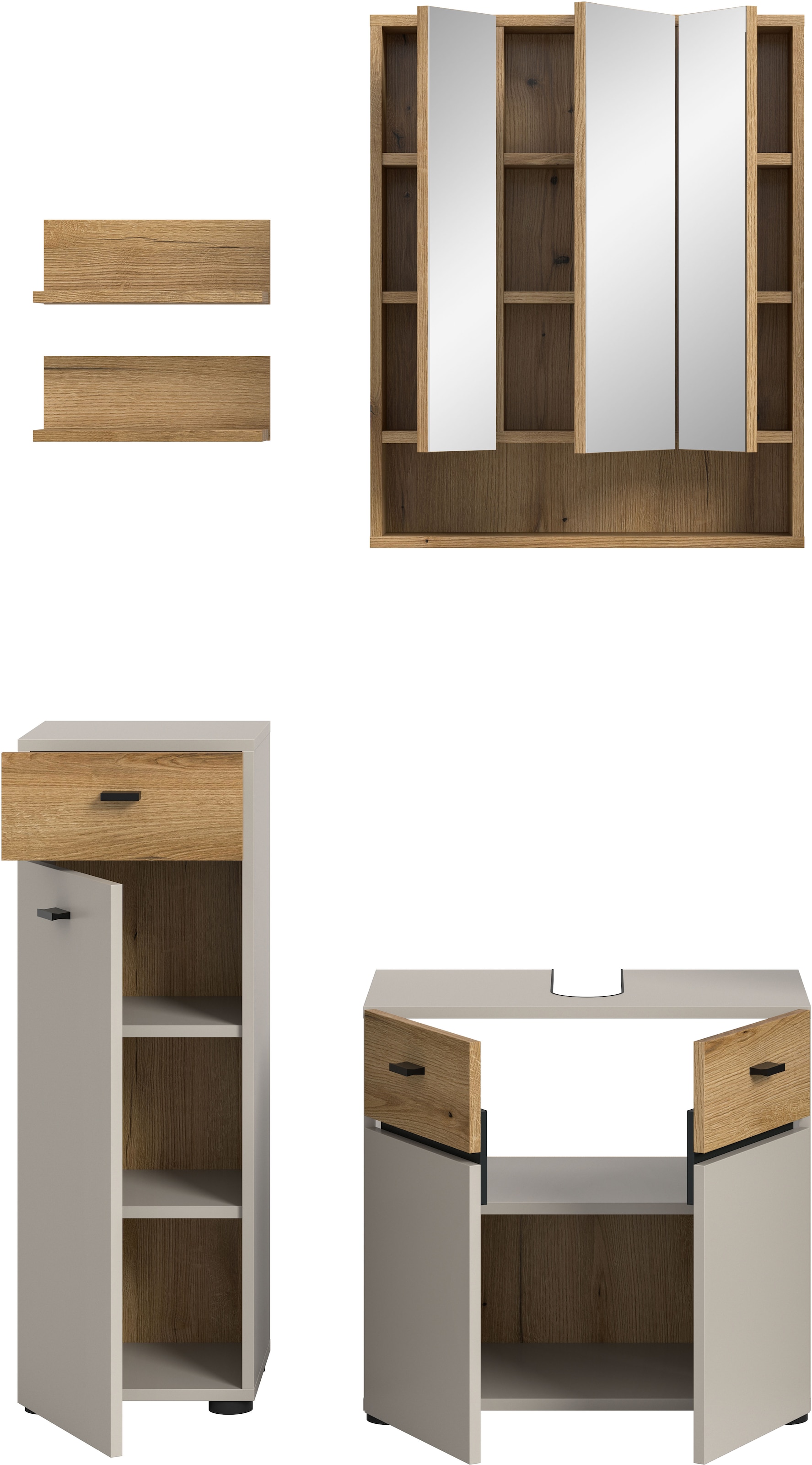 welltime Ensemble de meubles de salle de bain »VANN, 5-teilige moderne Badkombination, individuell stellbar« Midischrank, 2er Set Wandregal, Waschbeckenunterschrank,Spiegelschrank, 5 cuis tlg.