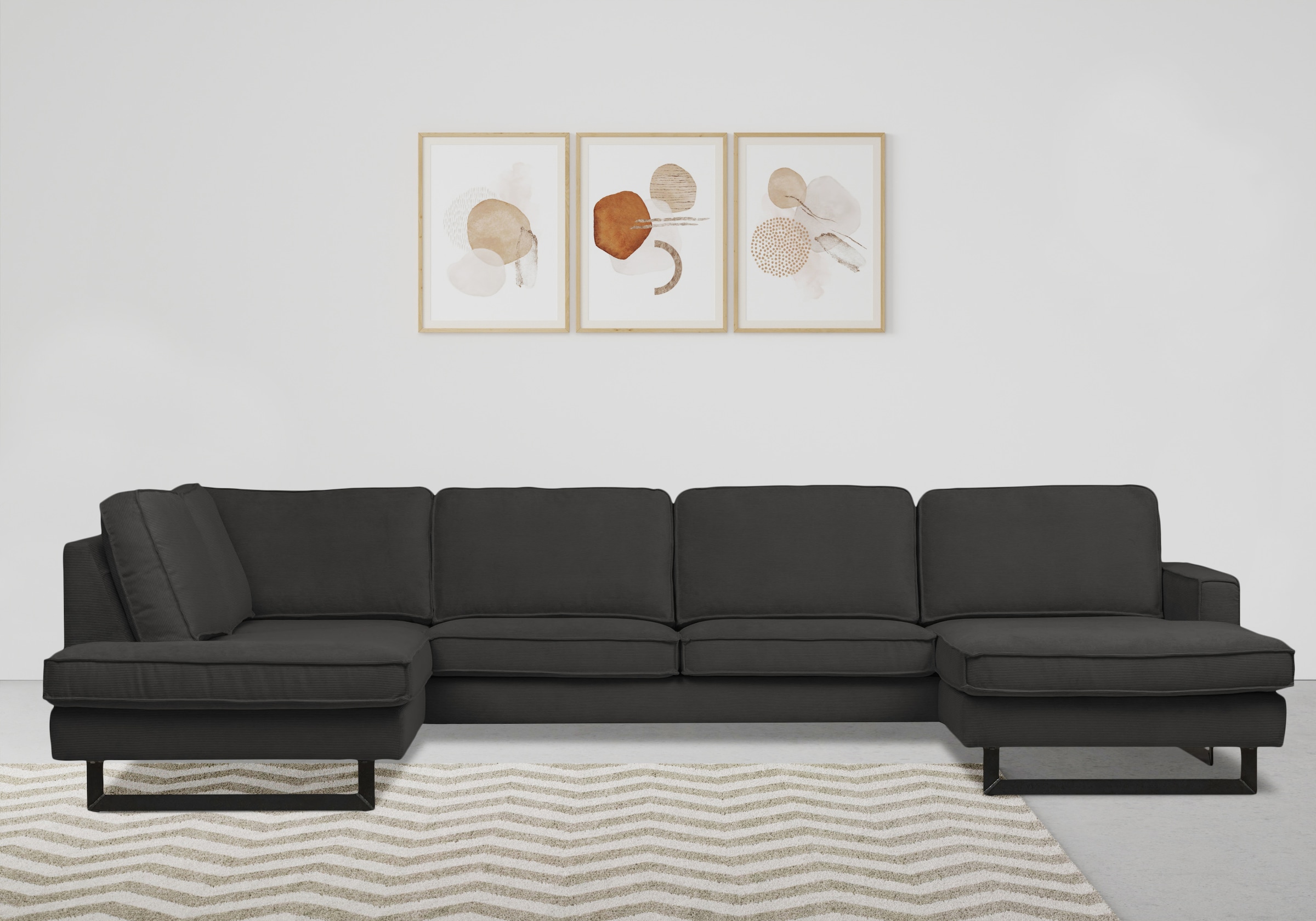 Places of Style Wohnlandschaft »Pinto, 350 cm, U-Form, XXL, mit Ottomanen«, Cord, Chenille, Lederoptik, mit Keder, Metallfüsse, Wellenunterfederung