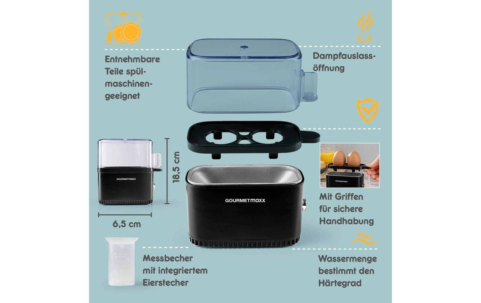 GOURMETmaxx Cuiseur d'œufs »Kompakt 2.0 250 W« für 2 cuis Eier 250 W Kompakter Design-Eierkocher für zwei Frühstückseier