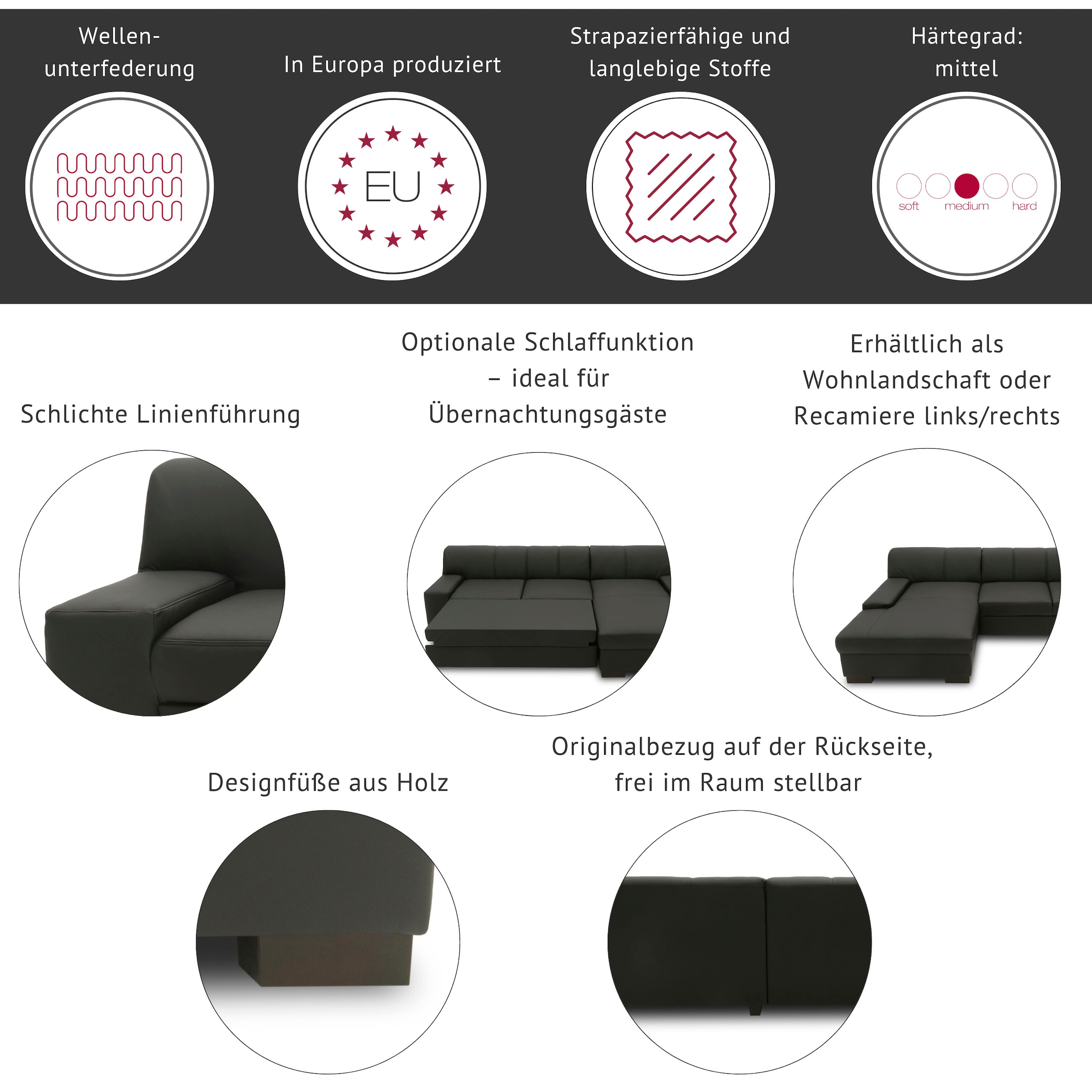 DOMO collection Wohnlandschaft »Norma, mit Kunstleder- oder Lederbezug, viel Platz, zeitlos & elegant« extrabreite Armlehnen, U-Form, wahlweise mit Bettfunktion