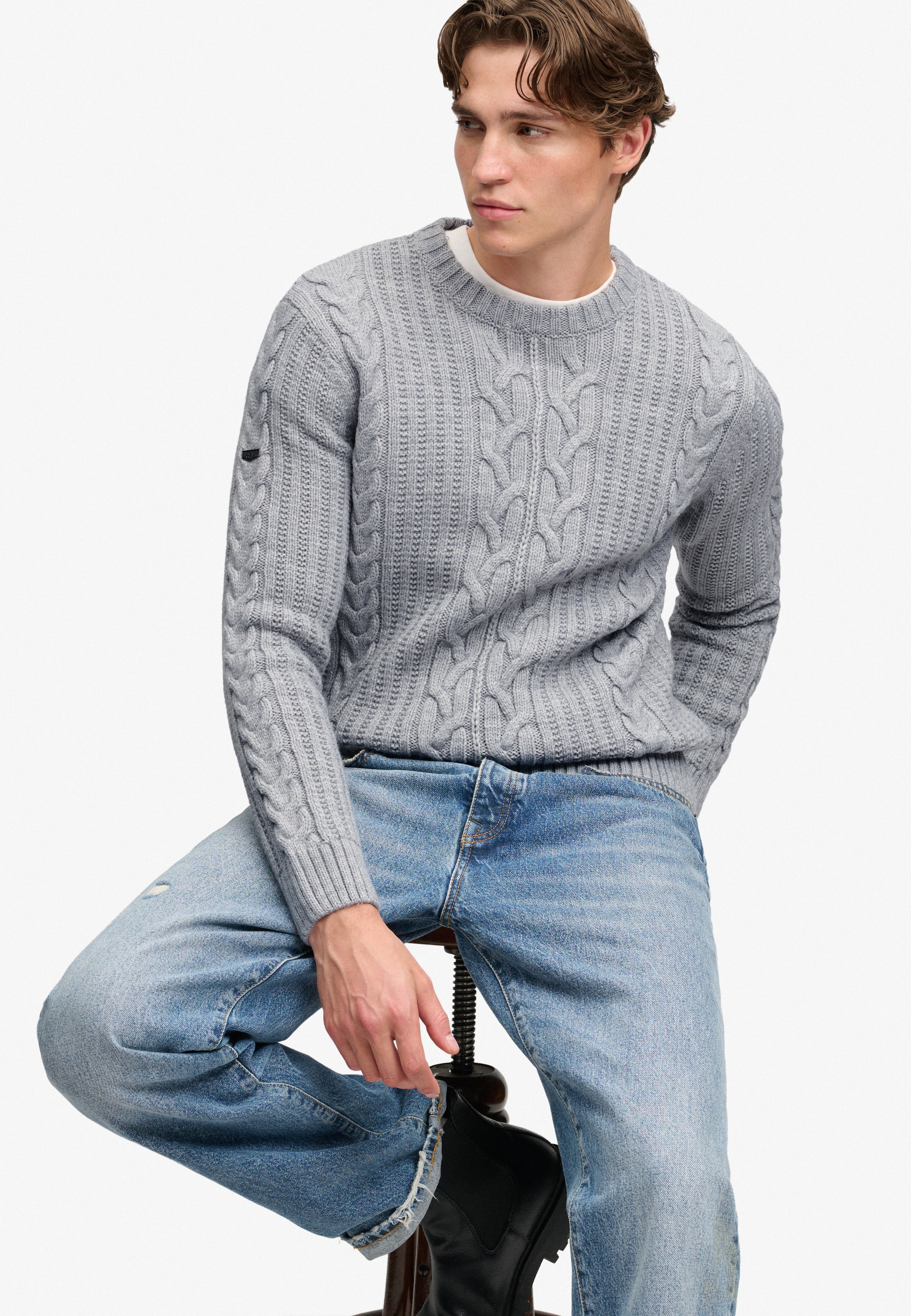 Superdry Rundhalspullover »JACOB CABLE JUMPER« Materialmix, regular fit