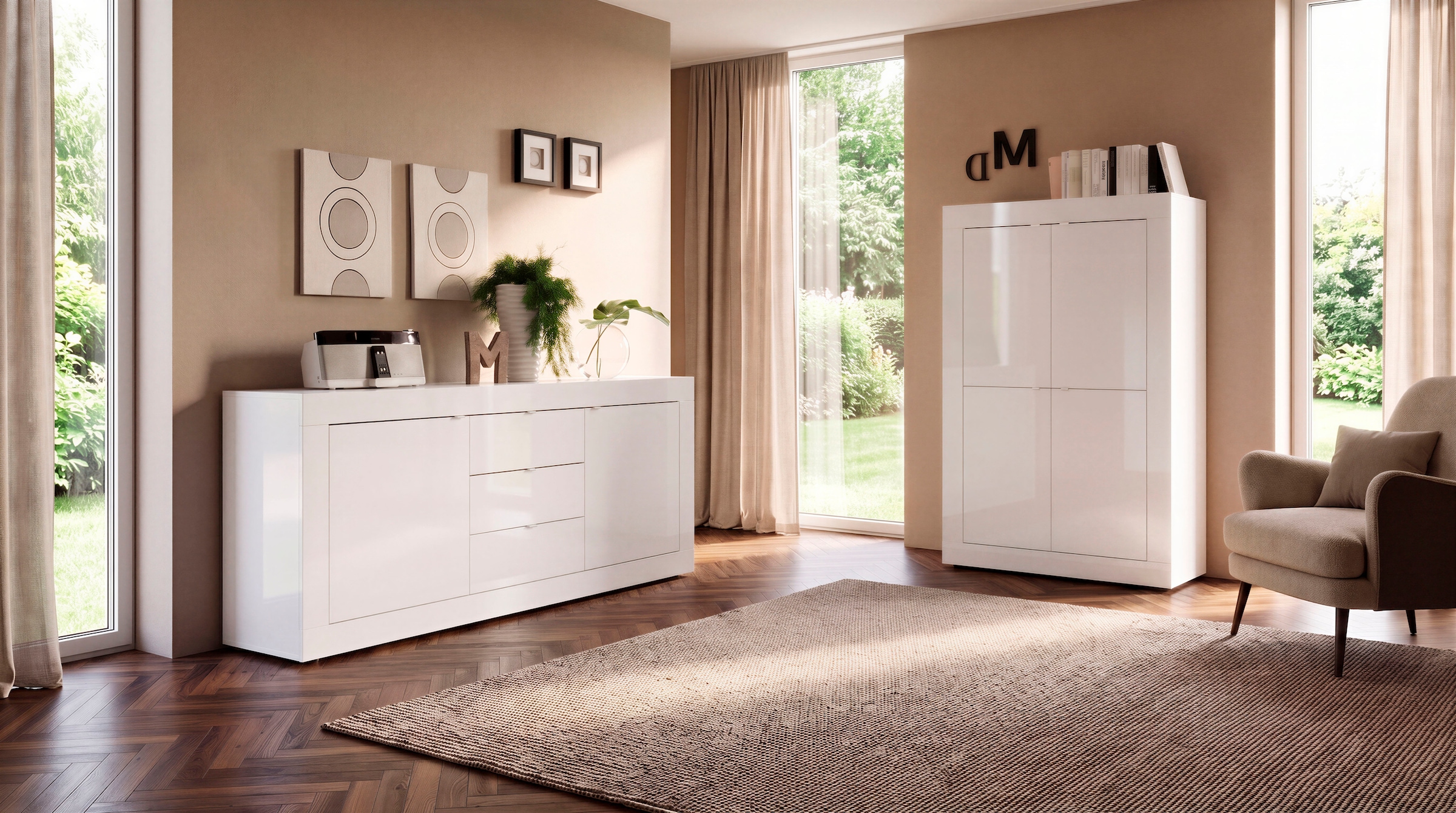 Home affaire Buffet haut »Basic Höhe 162 cm, Breite 102 cm, Kommode 4 Türen, Hochkommode« poignée en métal, design moderne du cadre, grand espace de rangement, choix de couleurs