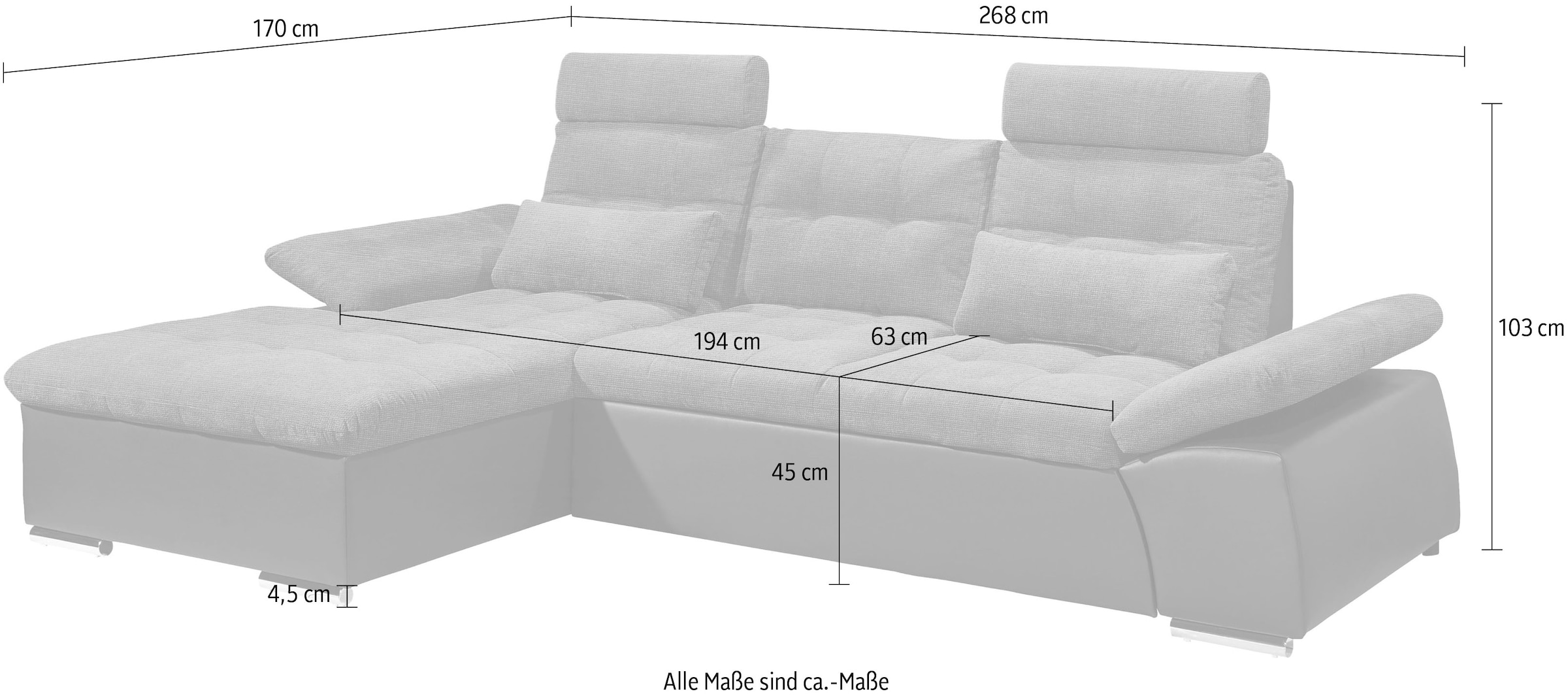 ED EXCITING DESIGN Ecksofa »Jakarta L-Form«, mit Bettfunktion, Armteilverstellung, Kopfstützen & 2 Nierenkissen