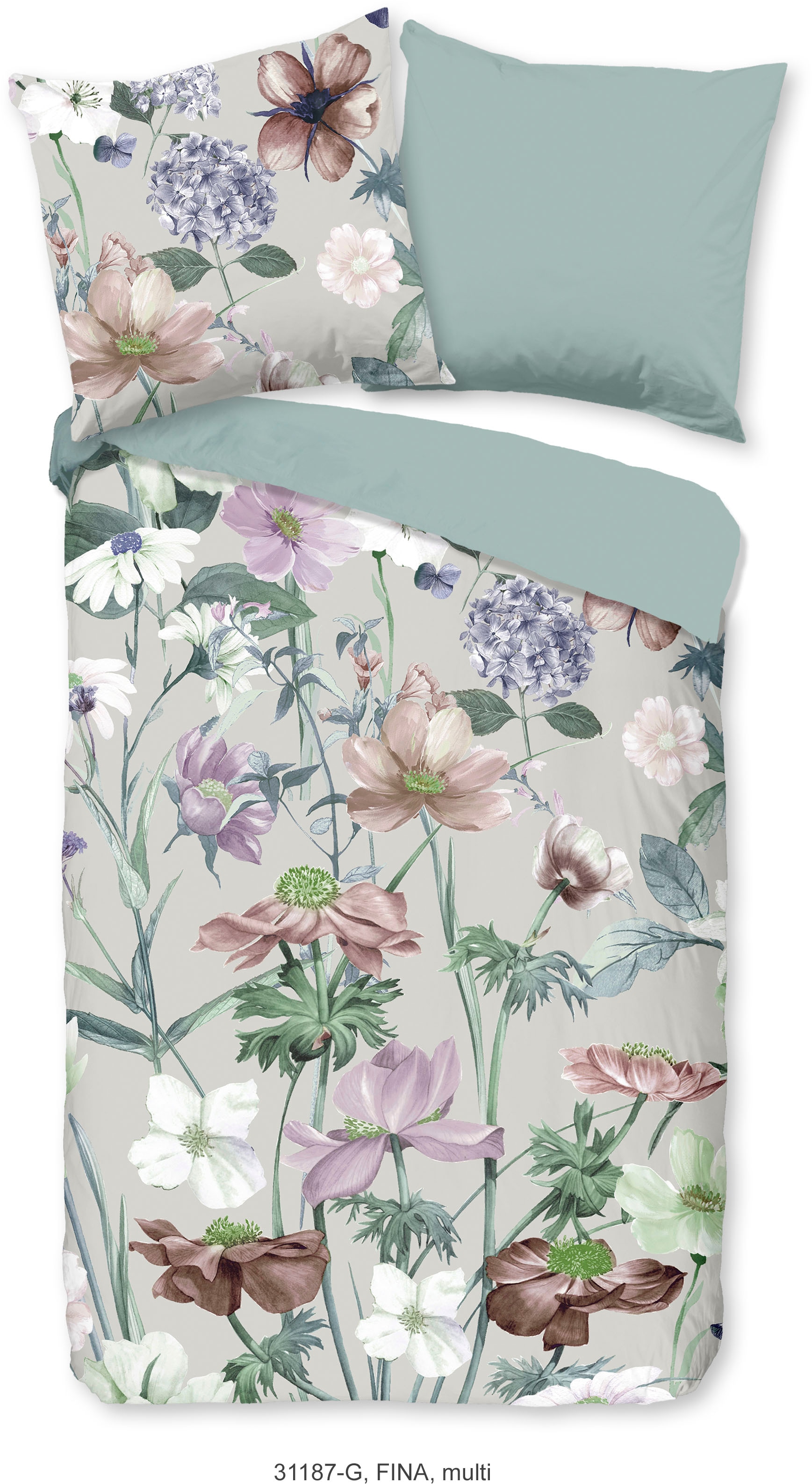 good morning Wendebettwäsche »Fina Flowers«, Baumwolle, 135x200, Reissverschluss, Wendeoptik, Blumen, Grau, Grün