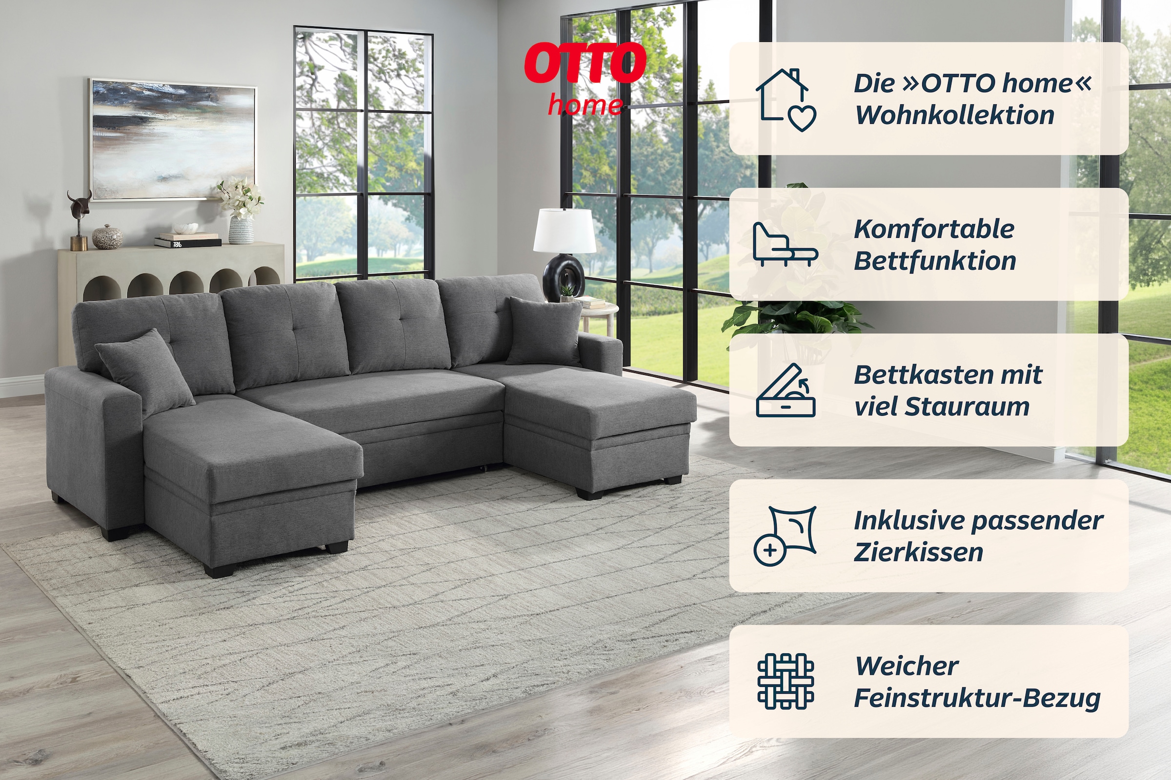 GOODproduct Wohnlandschaft »Gerrit U-Form, Br. 282 cm Couch, Liegefl. 125x215 cm« mit Schlaffunktion, 2 Bettkästen & 2 Zierkissen