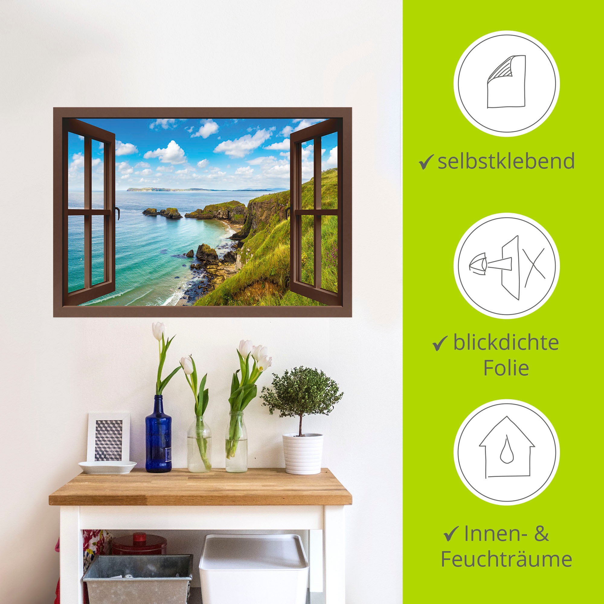 Artland Wandbild »Küstenweg in Nordirland durchs Fenster«, Meer Bilder, (1 St.), als Alubild, Outdoorbild, Leinwandbild, Wandaufkleber, versch. Grössen