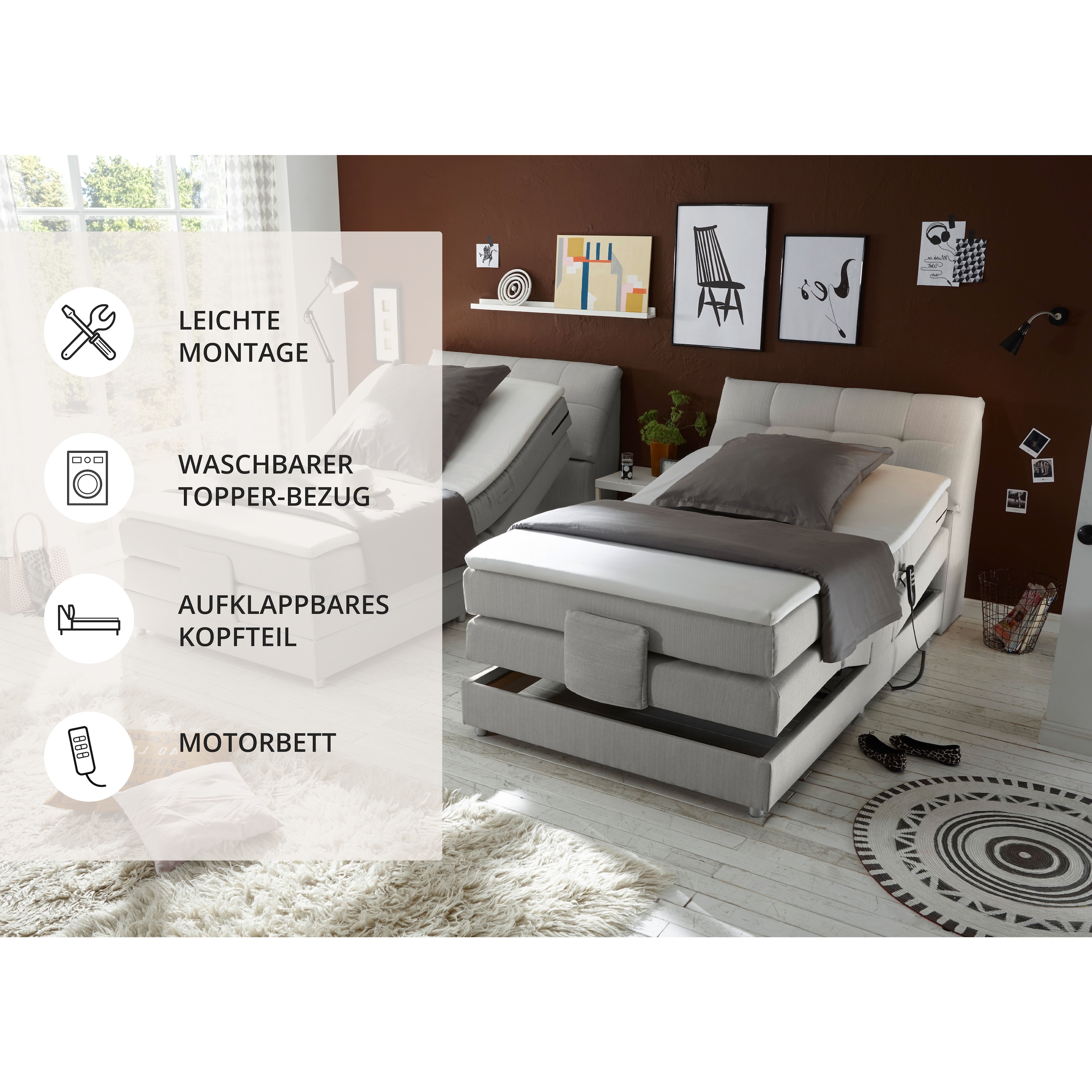 ED EXCITING DESIGN Lit boxspring »Carpino wahlweise in den Breiten 120cm oder 180cm erhältlich« inkl. Motor, Stauraum im Kopfteil und Topper