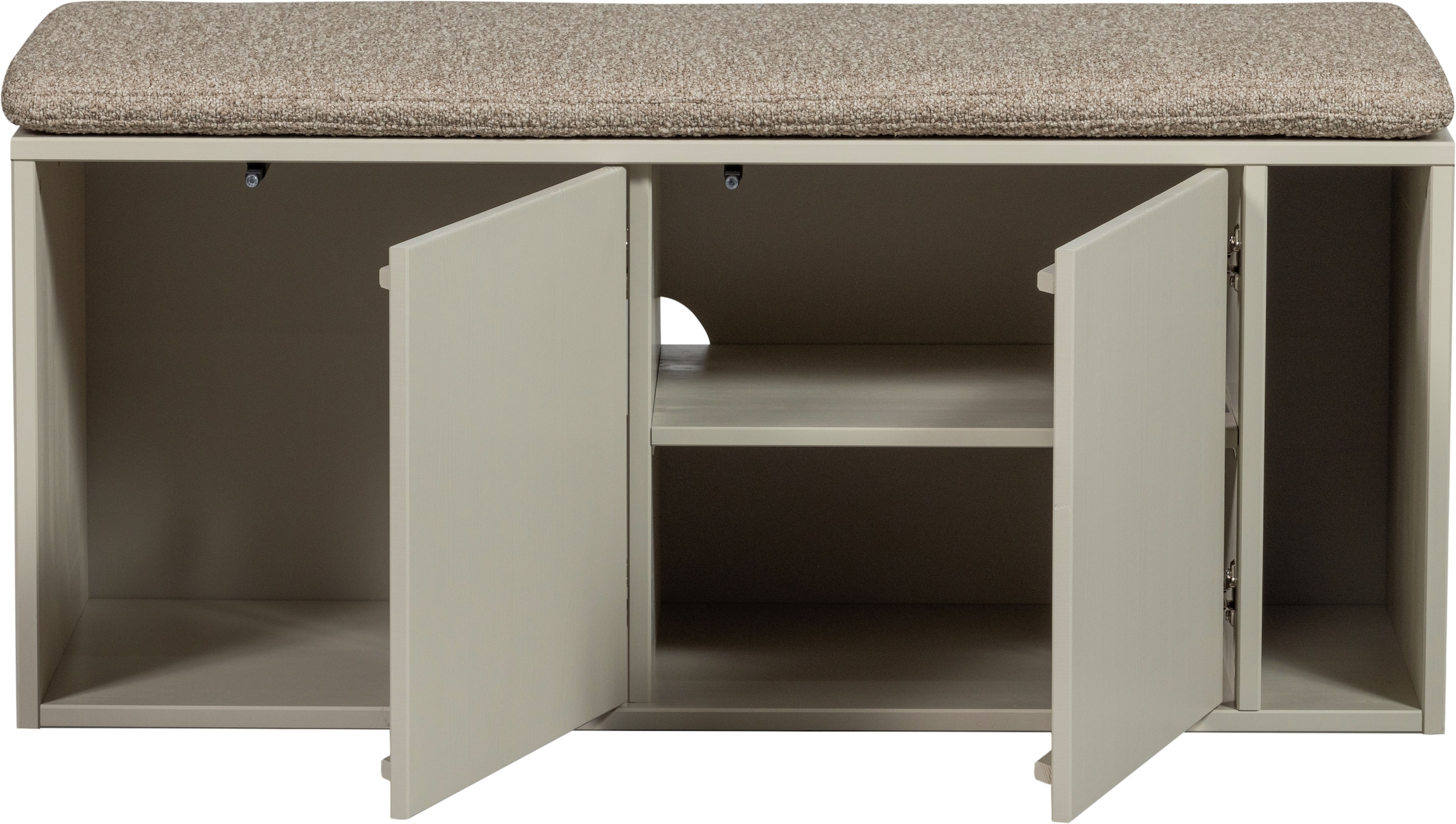 WOOOD Sitzbank »Settle Down FSC®-Kiefernholz mit Bouclé-Kissen, H 50 x B 108 x T 44 cm« Kabeldurchführung, Maximale Verschleissfestigkeit, Pfleigleicht