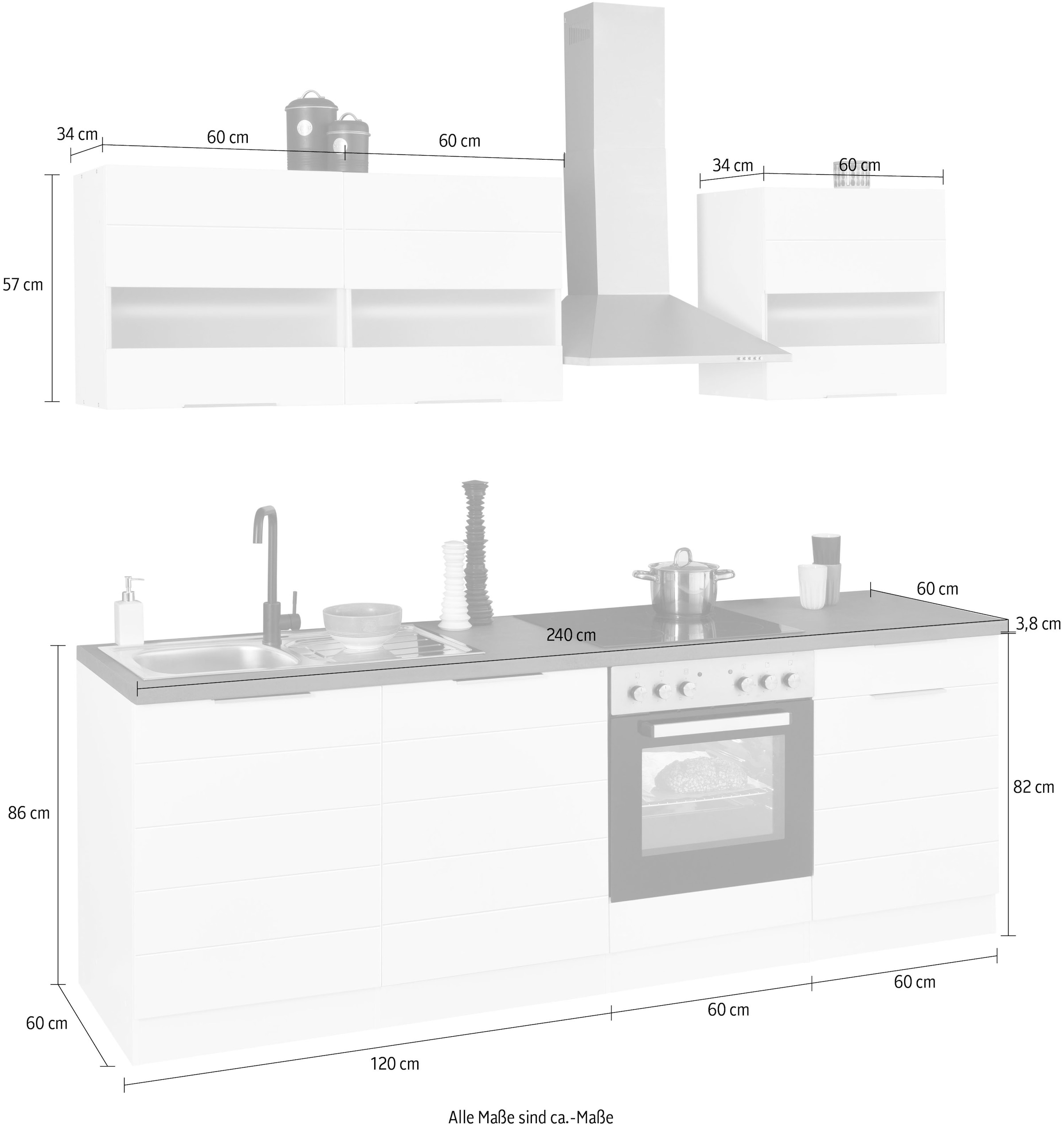 KOCHSTATION Kitchenette »KS-Luhe« 240 cm de large, au choix avec ou sans appareils électriques, façades MDF fraisées