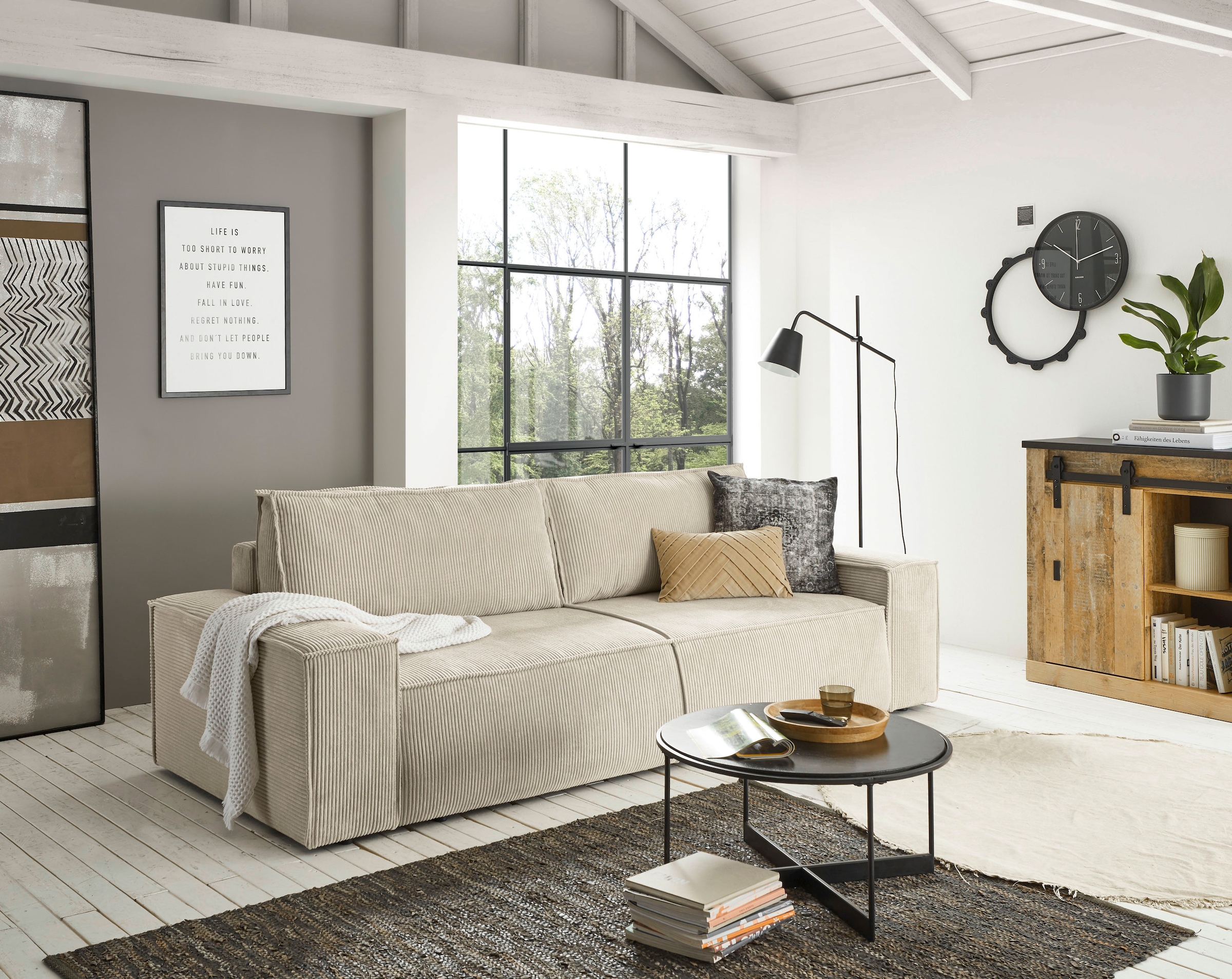 GOODproduct 3-places »SHERWOOD Schlafsofa (257cm) Cord, Samtvelours, Vintage-Lederoptik« Schlaffunktion mit Bettkasten (ca. 136/200cm)