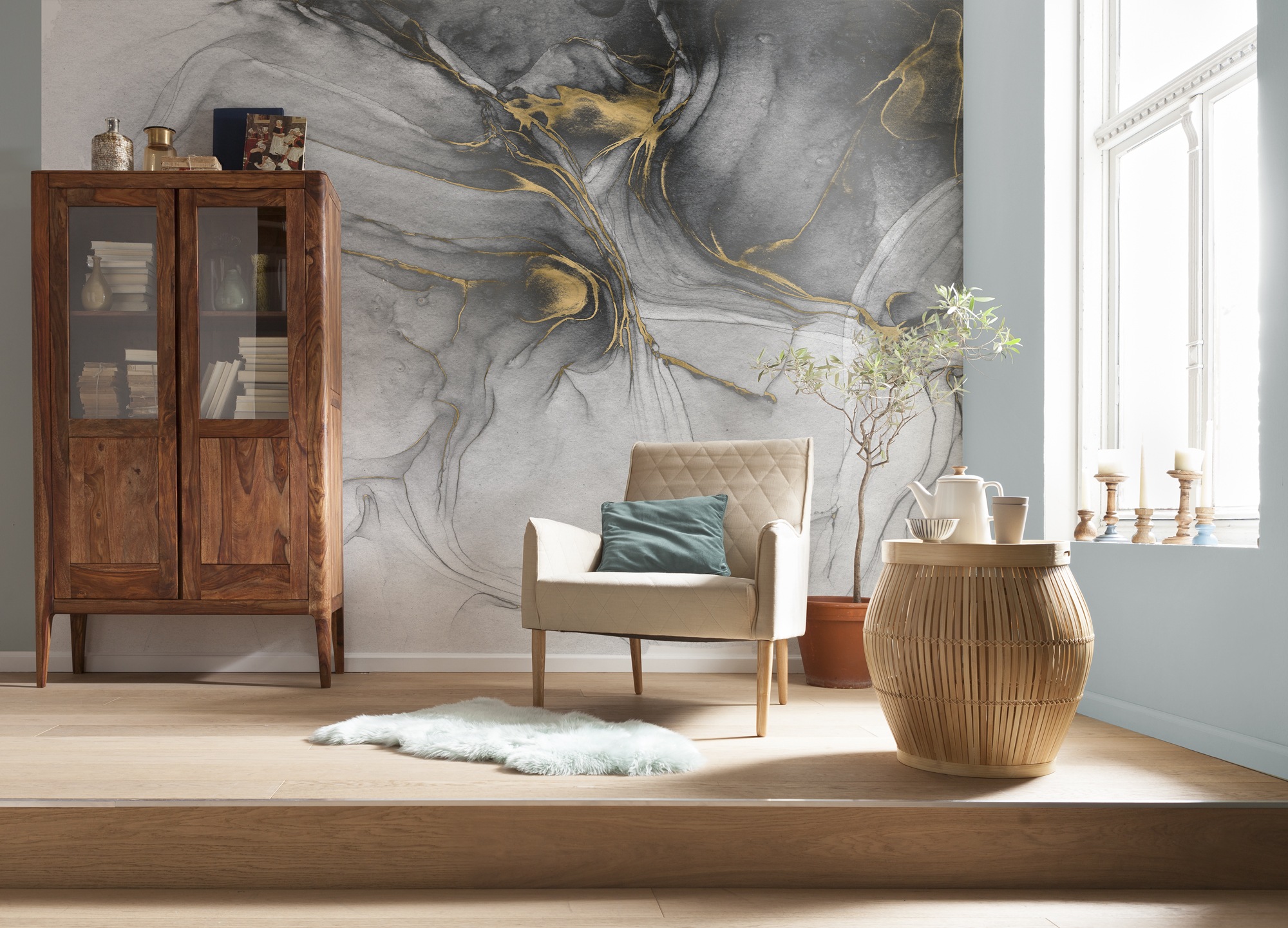 Image of Komar Fototapete "Ink Gold Flow" bedruckt glatt 350 x 250 cm (Breite x Höhe) - Tapete, Vlies, Wohnzimmer, Schlafzimmer