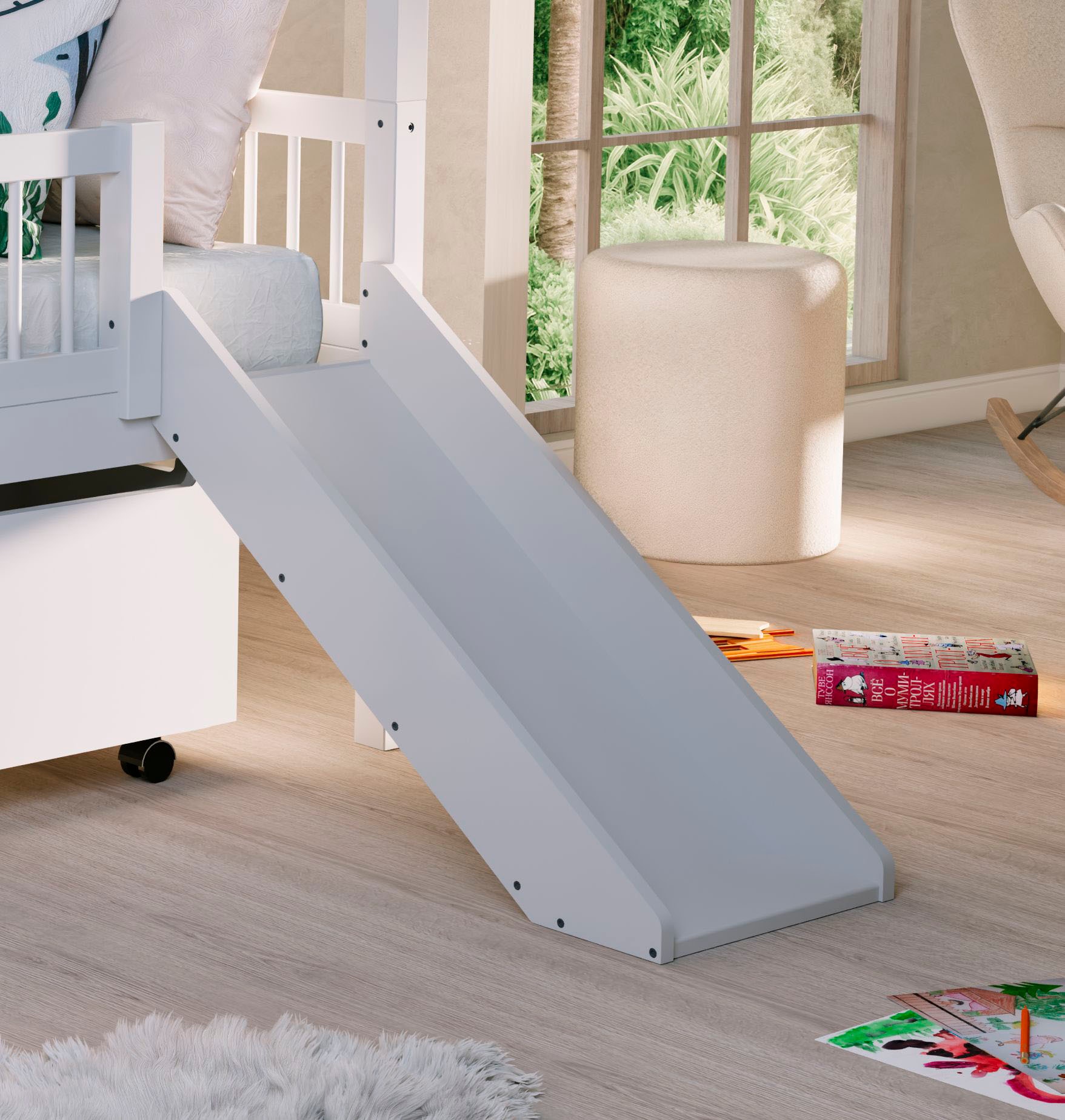 Vipack Hausbett »Inkl. Dachaufbau, Leiter, Rutsche und Rolllattenrost, Made in Europe« wahlweise mit und ohne dekorativem Textilhimmel erhältlich,  hochwertig und stabil bebaut, Buche massiv weiss lackiert