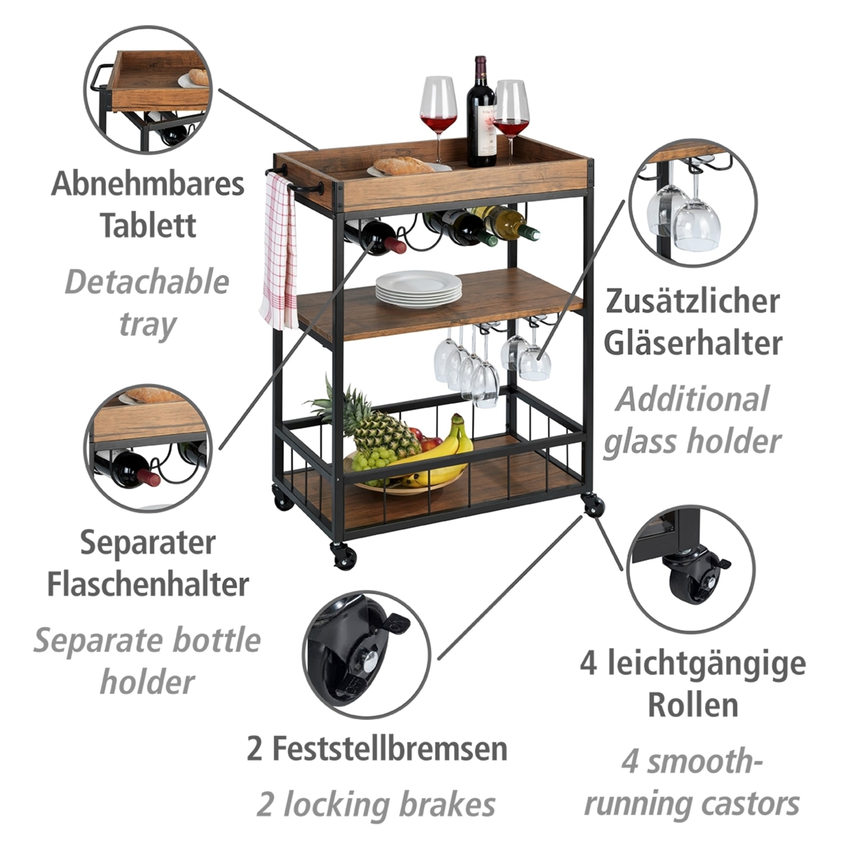 Carrello Rustico Con Ruote, Carrello Bar Con Portabicchieri E Portabottiglie, In Metallo Laccato E Mdf, 80x89,5x40 Cm, Marrone - Nero - Wenko