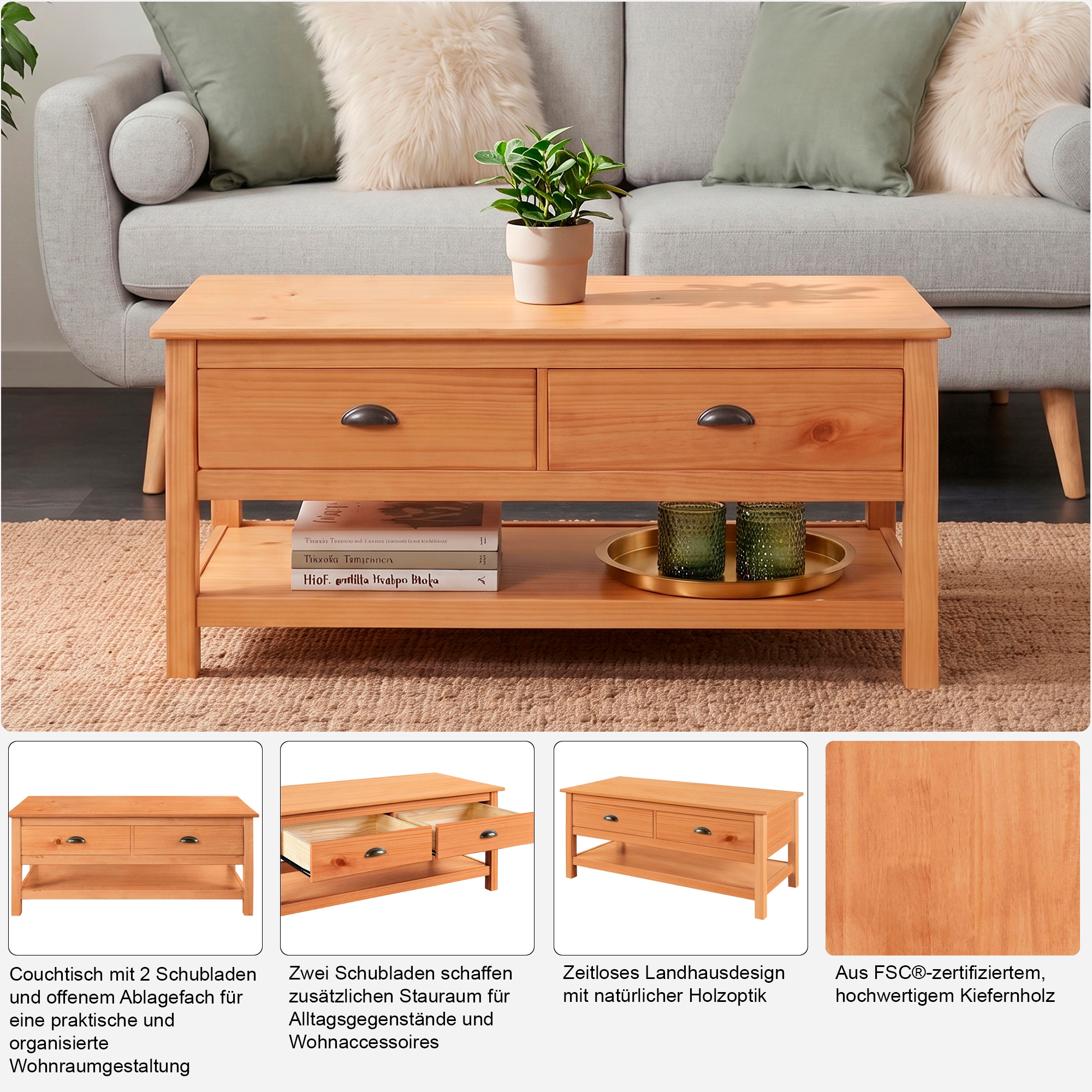 GOODproduct Table basse »Schröder« avec 2 tiroirs et 1 tablette, en pin massif