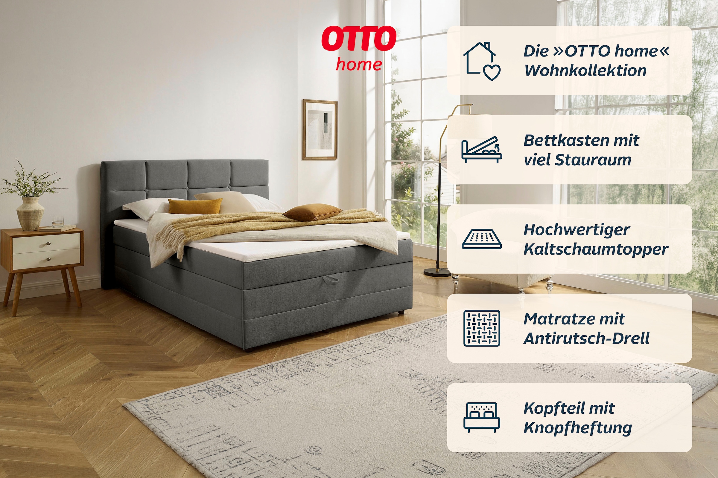 GOODproduct Boxbett »FILLMORE, Polsterbett mit Bettkasten und Taschenfederkernmatratze H3« mit Kaltschaumtopper, Strukturstoff-Bezug, 140x200 & 180x200 cm