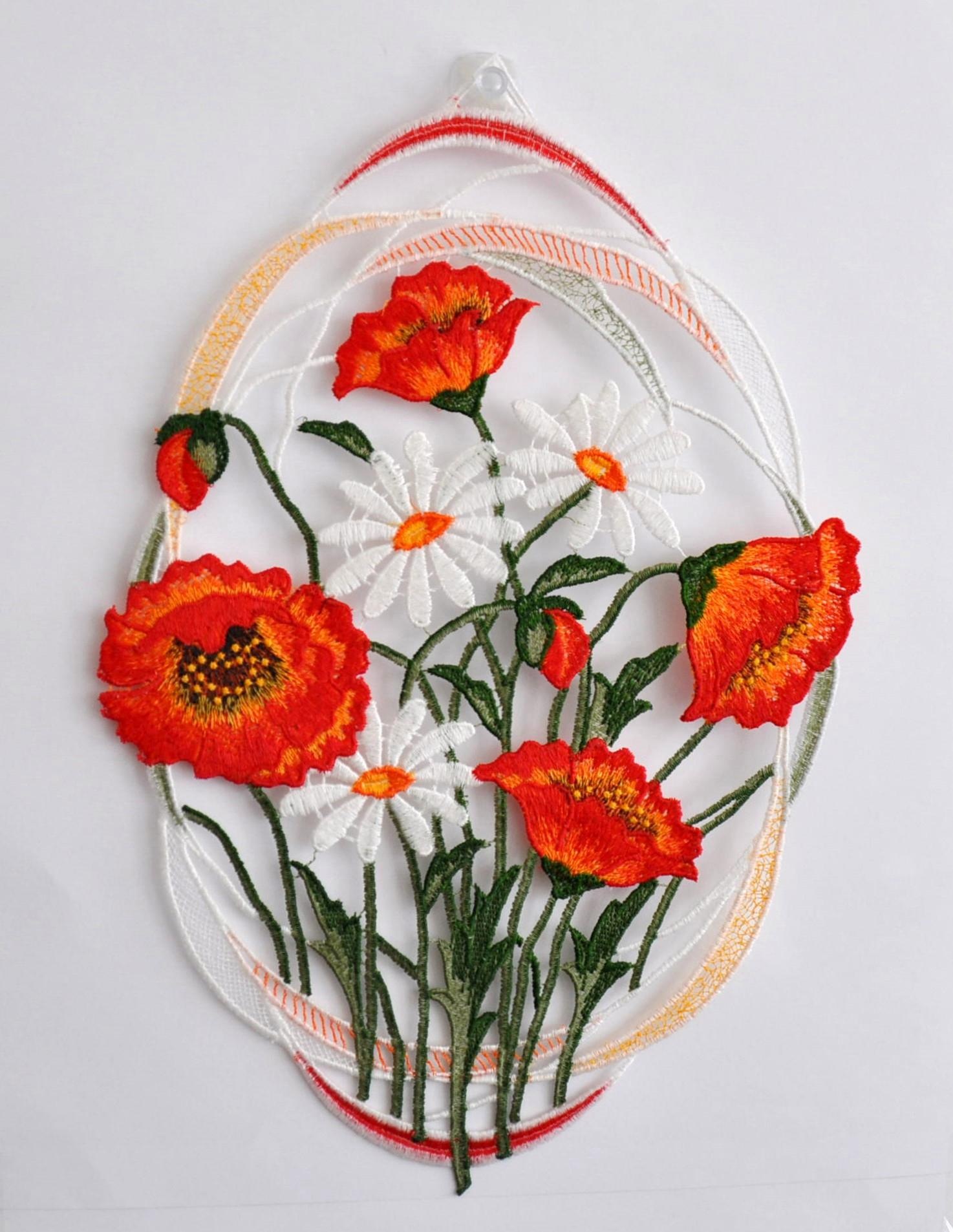 Image of Stickereien Plauen Fensterbild "Mohnblumen" mit echter Plauener Spitze Stickerei