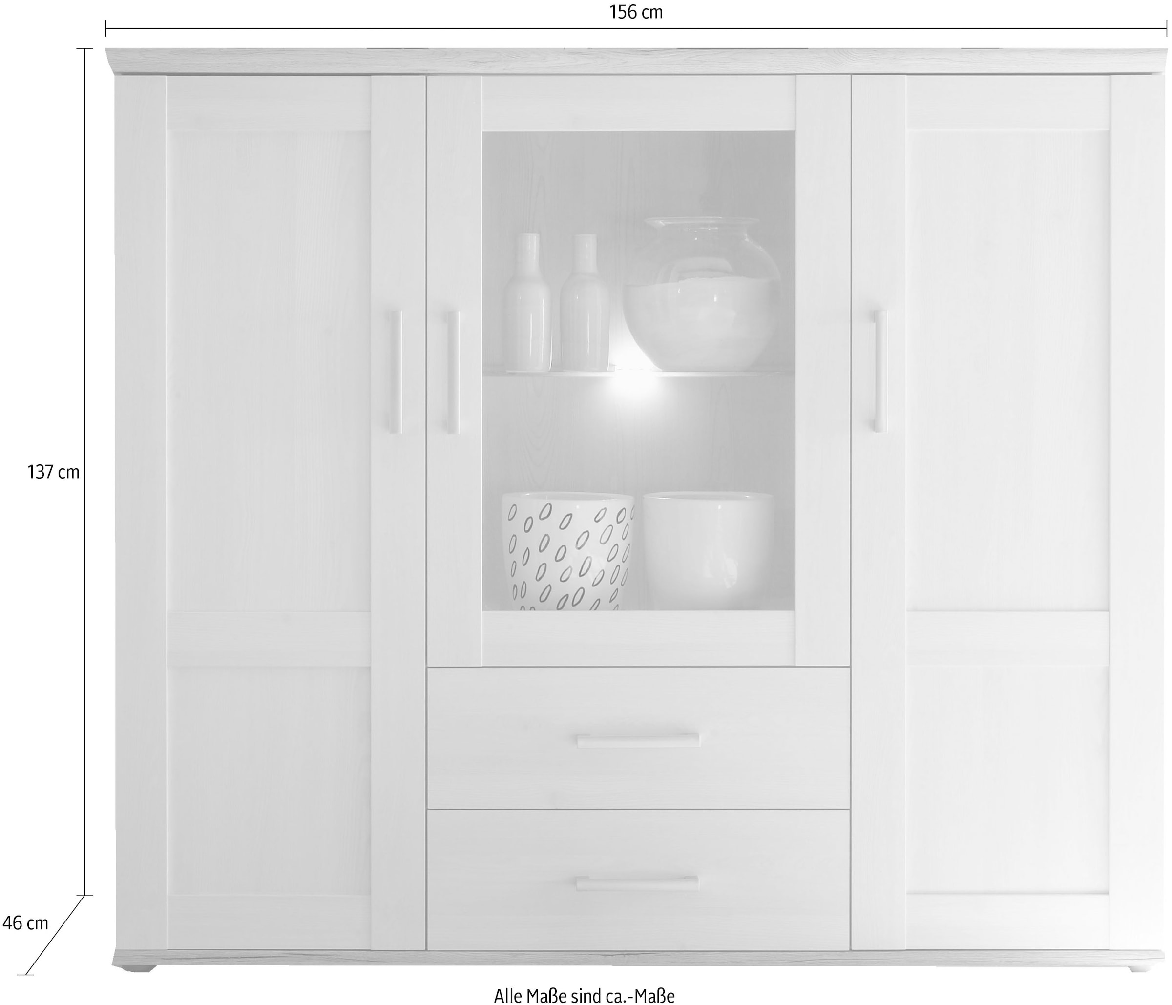 HBZ Highboard »Romance Landhaustil mit LED-Beleuchtung, BxHxT 156x137x46 cm« 1 Stk. tlg. Mit  2 Türen, 2 Schubkästen und 6 Einlegeböden, 1 Glasboden