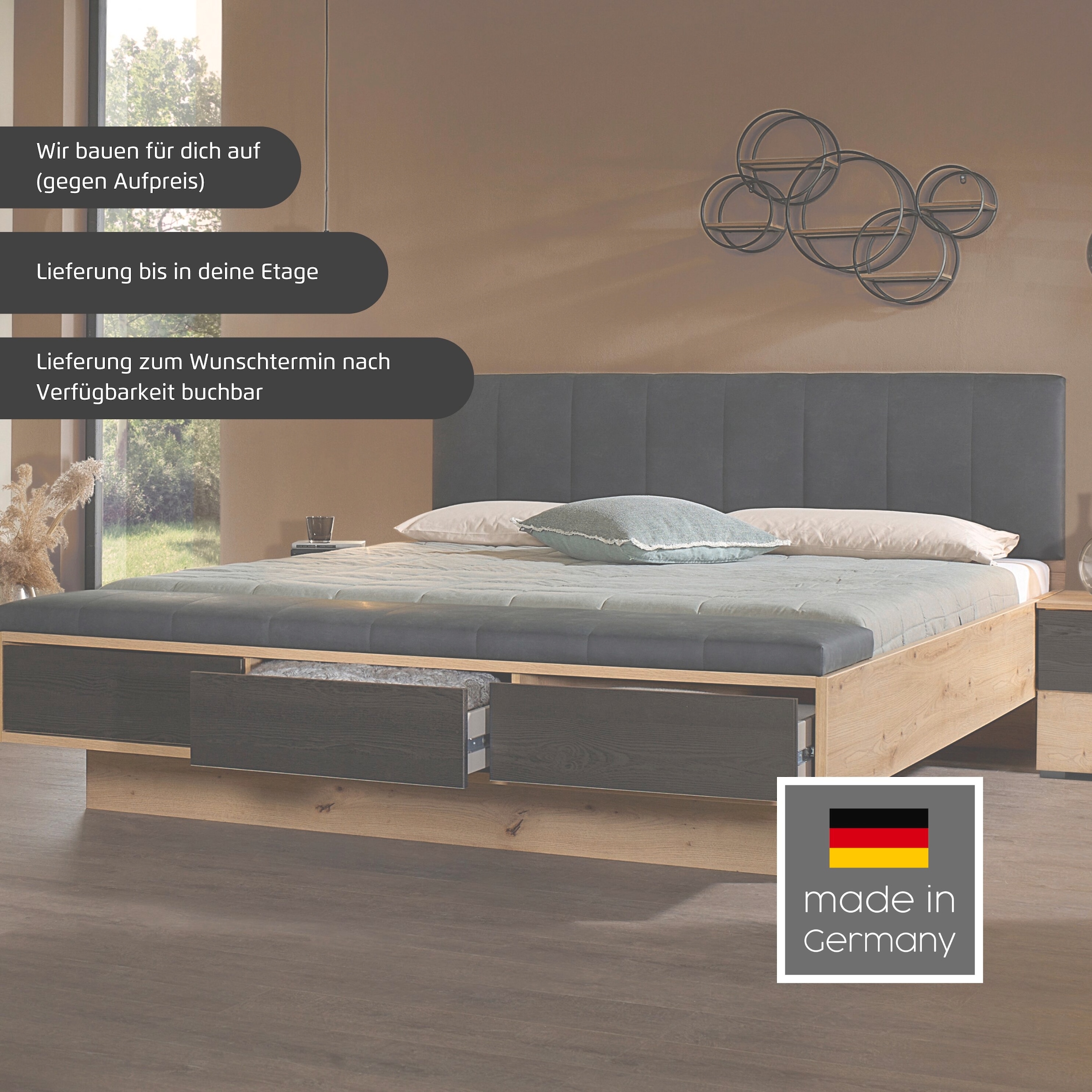 rauch Ensemble de lit »Bett Doppelbett Komfortbett Funktionsbett APOLLON« Surface de couchage 180x200, option avec banc de lit et rangement, 3 pièces tlg. tête de lit rembourrée en imitation cuir noir, 2 tables de nuit FABRIQUÉ EN ALLEMAGNE
