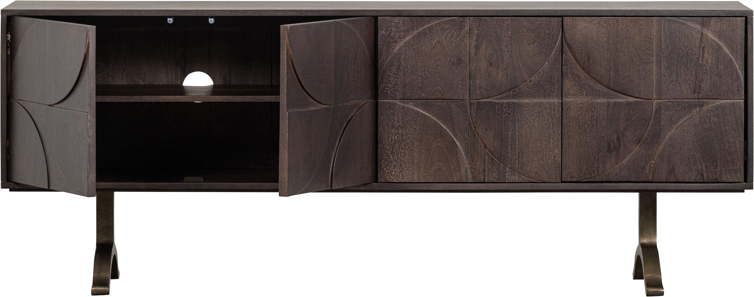 WOOOD Sideboard »Draw mit Massivmangoholz und 3D-Türmuster B 180 x T 40 x H 70 cm« 2 Kabelöffnungen, Tragkraft Deckplatte 35 kg, einfach zu montieren