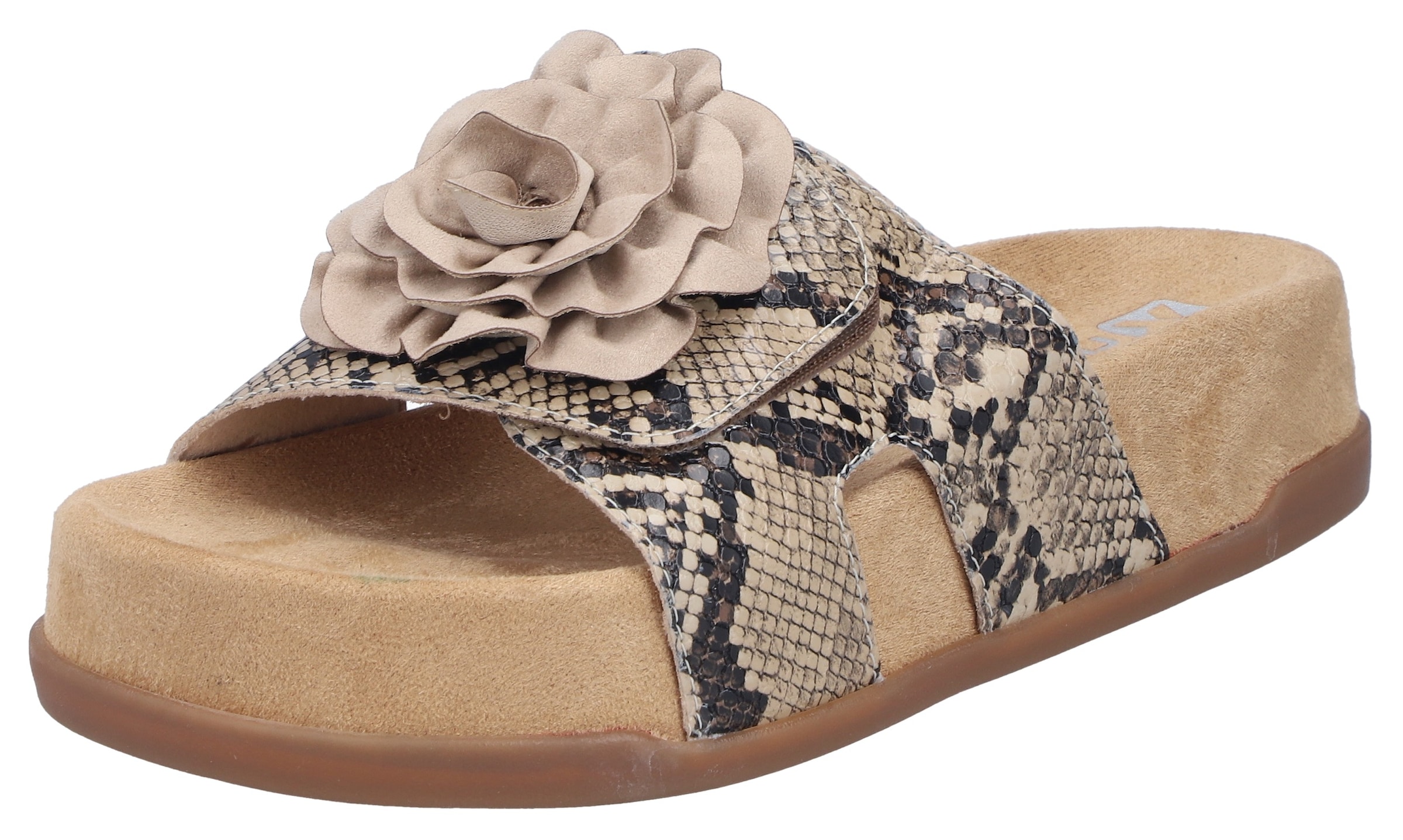 Image of Rieker Pantolette Sommerschuh, Urlaubsschuh, Strandschuh mit Blüte