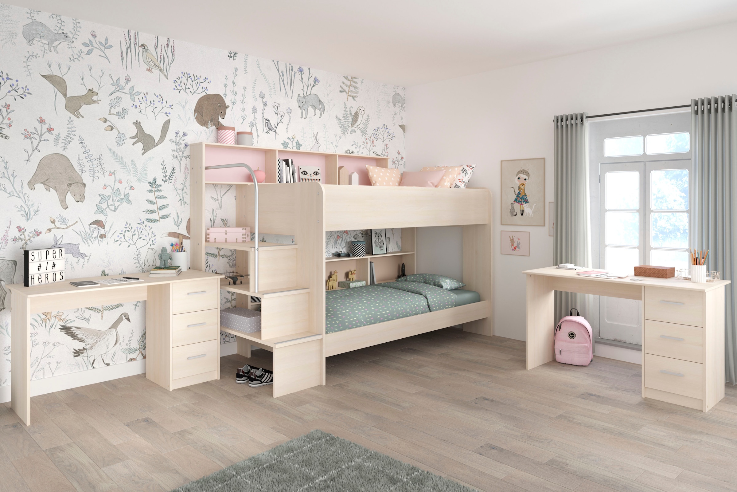 Jugendzimmer-Set »Bibop«, (3 tlg., Etagenbett, zwei Schreibtische), mit 2 Schreibtischen